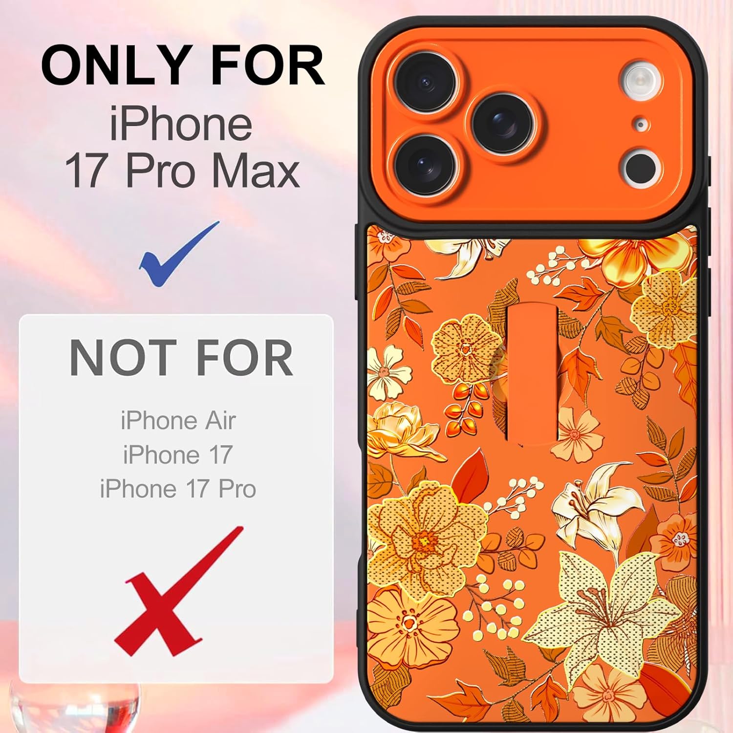ZIYE for iPhone 17 Pro Max Case with Finger Strap Holder, Cute Cool Flower Floral Print Pattern Design for Women Girls, Shockproof Anti Scratch Hand Kickstand Protective Cover, Orange