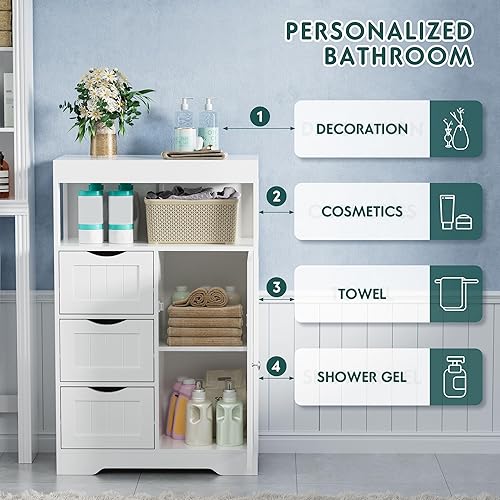 Miniatura 5 de JUMMICO Bathroom Floor Cabinet, Wooden Free-Standing Storage Organizer with 1 Door and 3 Drawers, Bathroom Storage Cabinet for Living