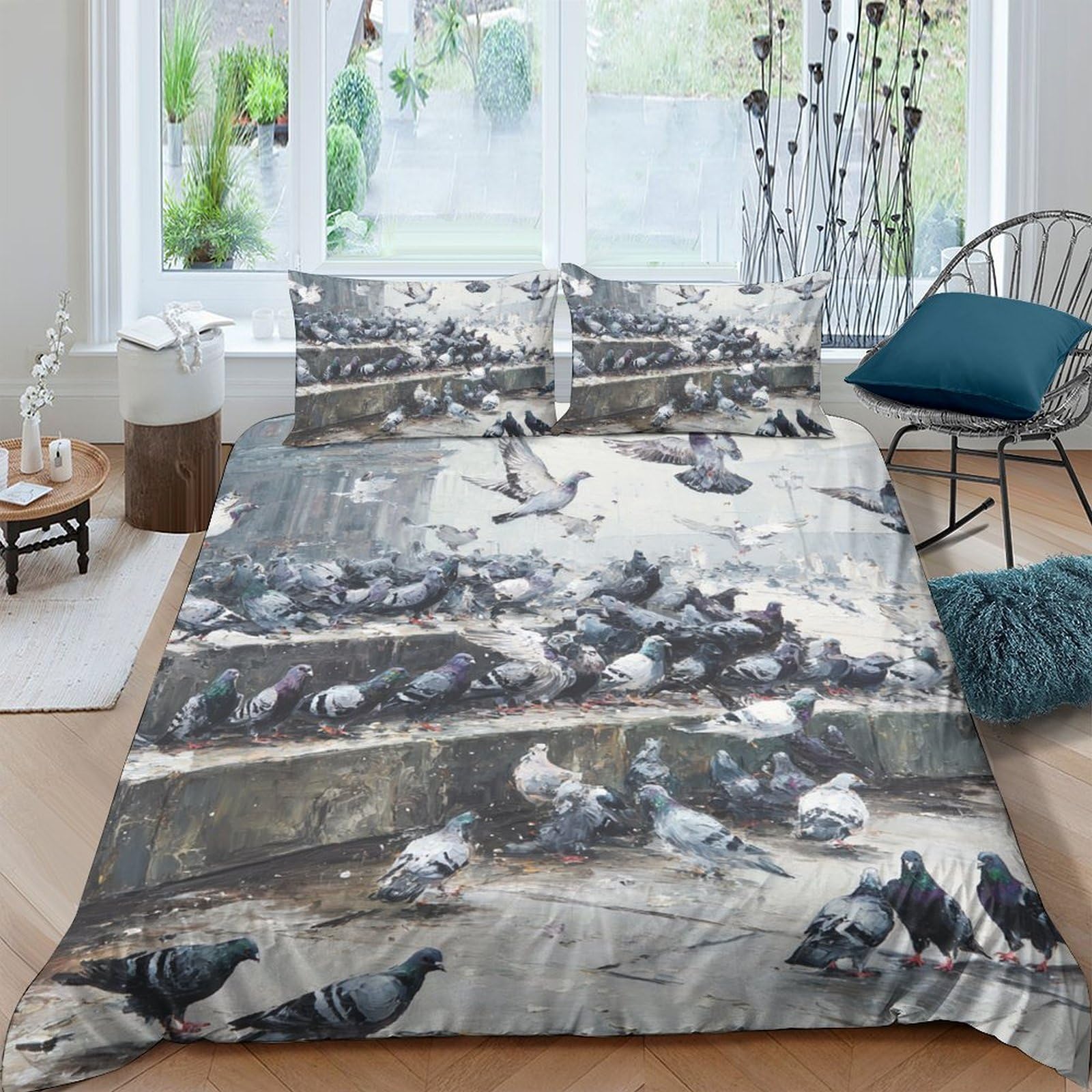 Ctjqhvkz Style-7 3D Printed Pigeon Square Fitted Sheet Microfiber Urban Bird Gathering Mattress Cover For Bedroom Guest Room Decor Single（135X200cm）