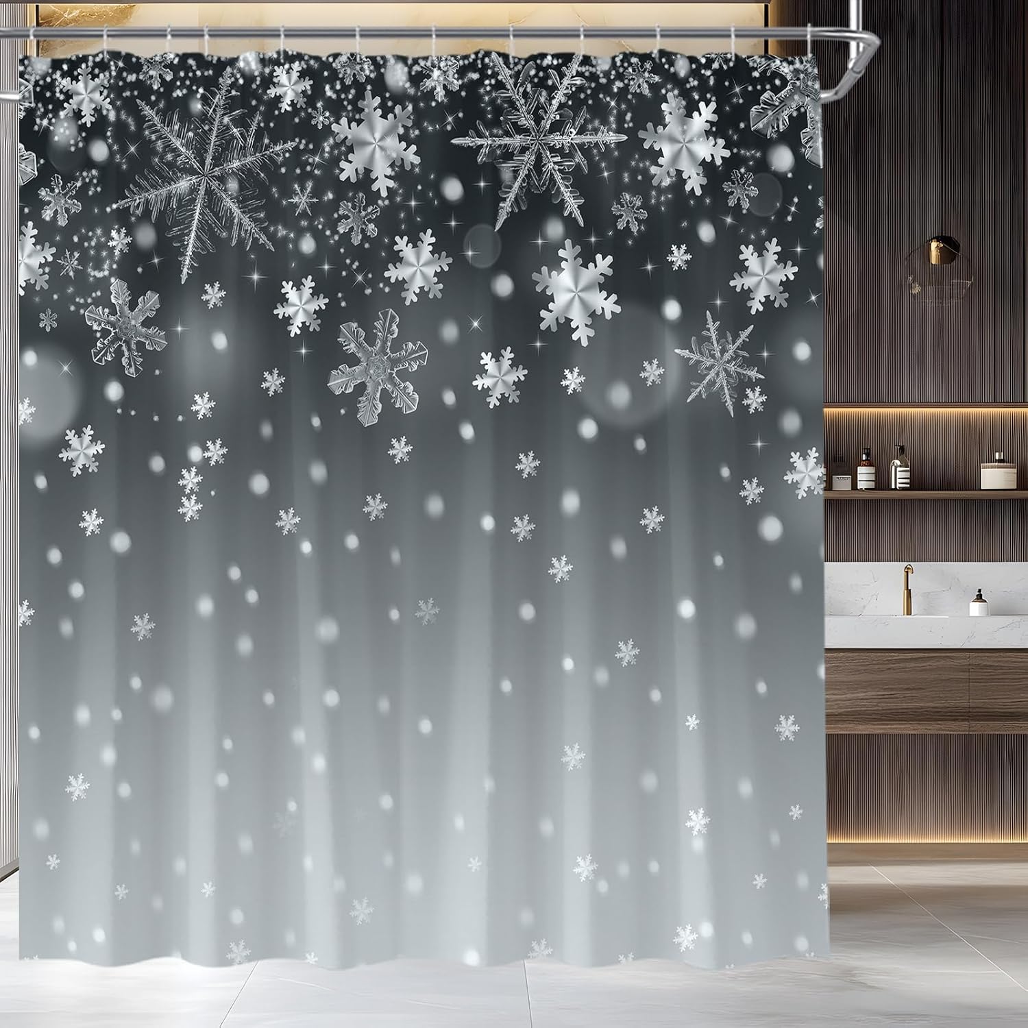 AMFD Gray Winter Snowfalke Shower Curtain Merry Christmas New Year Holiday Bathroom Curtains Decor Fabric Set Include Hooks,(70" Wx84 H)