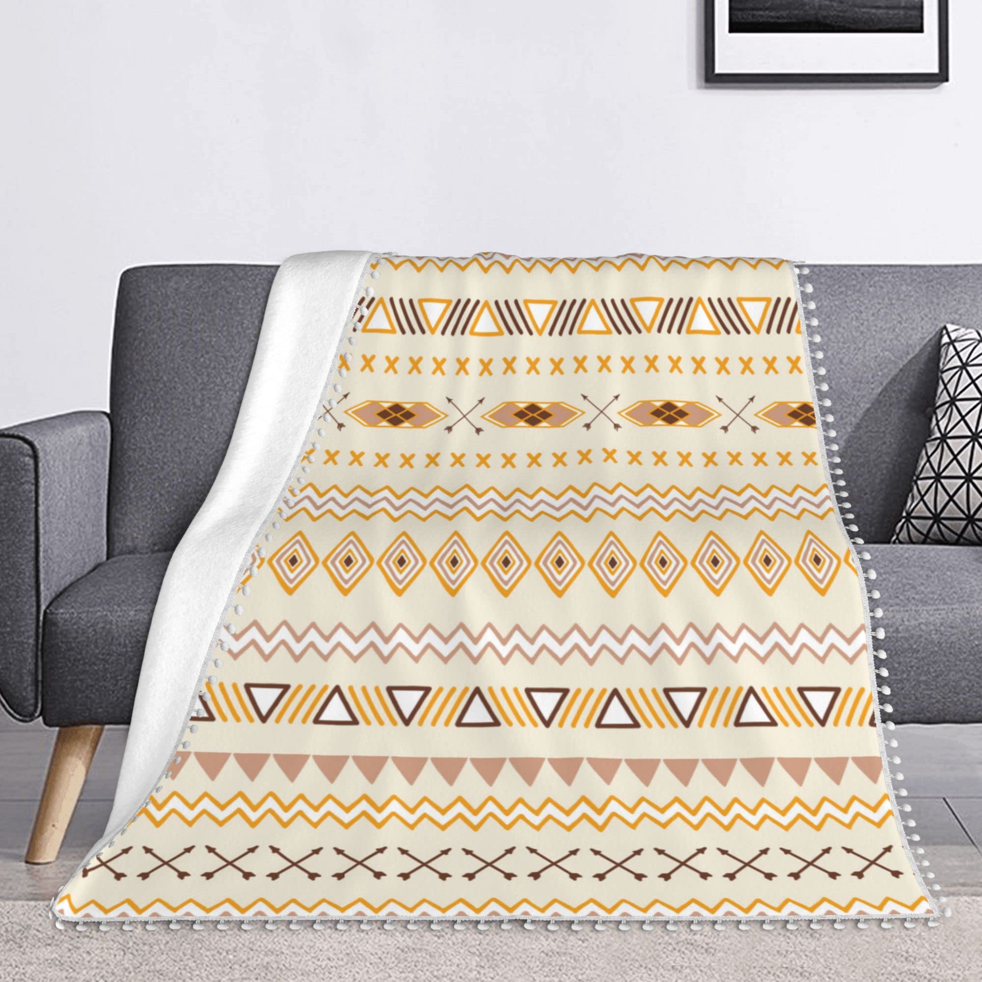 Vkahtoa Blanket Boho Throw Blanket with Pom Pom Tassels Aesthetic Aztec