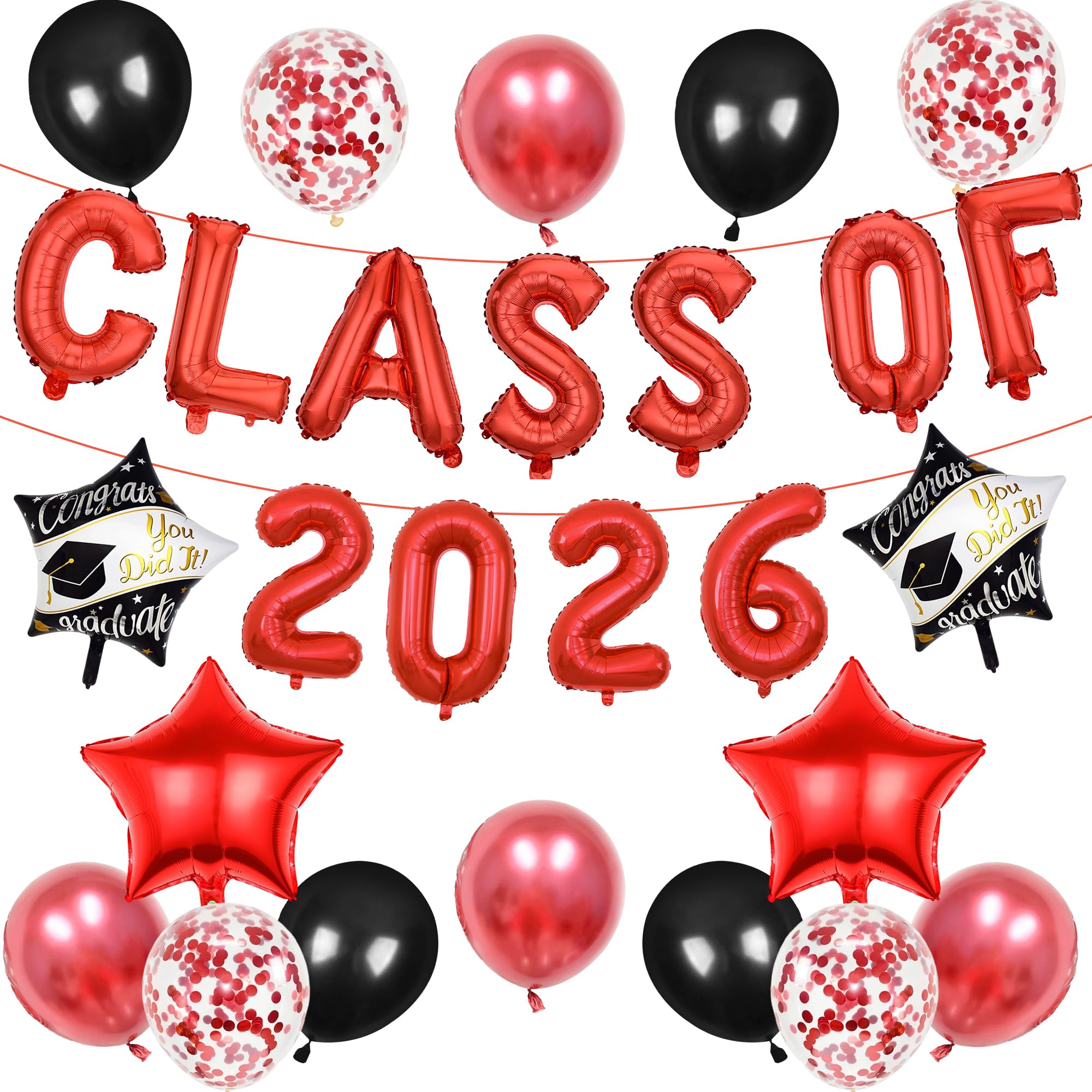 Class of 2026 Graduation Balloons - 27 Pc Black Red Congratulations Leavers 2026 Decorations Graduation Balloon Banner for Him Her Boys Girls High School College Grad Graduations Partys Decor