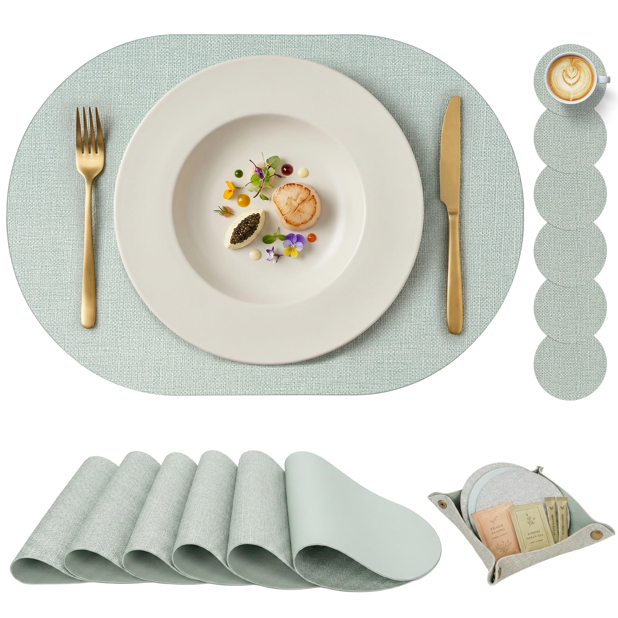 PROMATTOO Faux Leather Placemats Set of 6 with Coasters and Storage Tray, Linen Look Wipe Clean Table Mats, Water and Heat Resistant, Non Slip for Kitchen and Dining Table, 43 x 30 cm