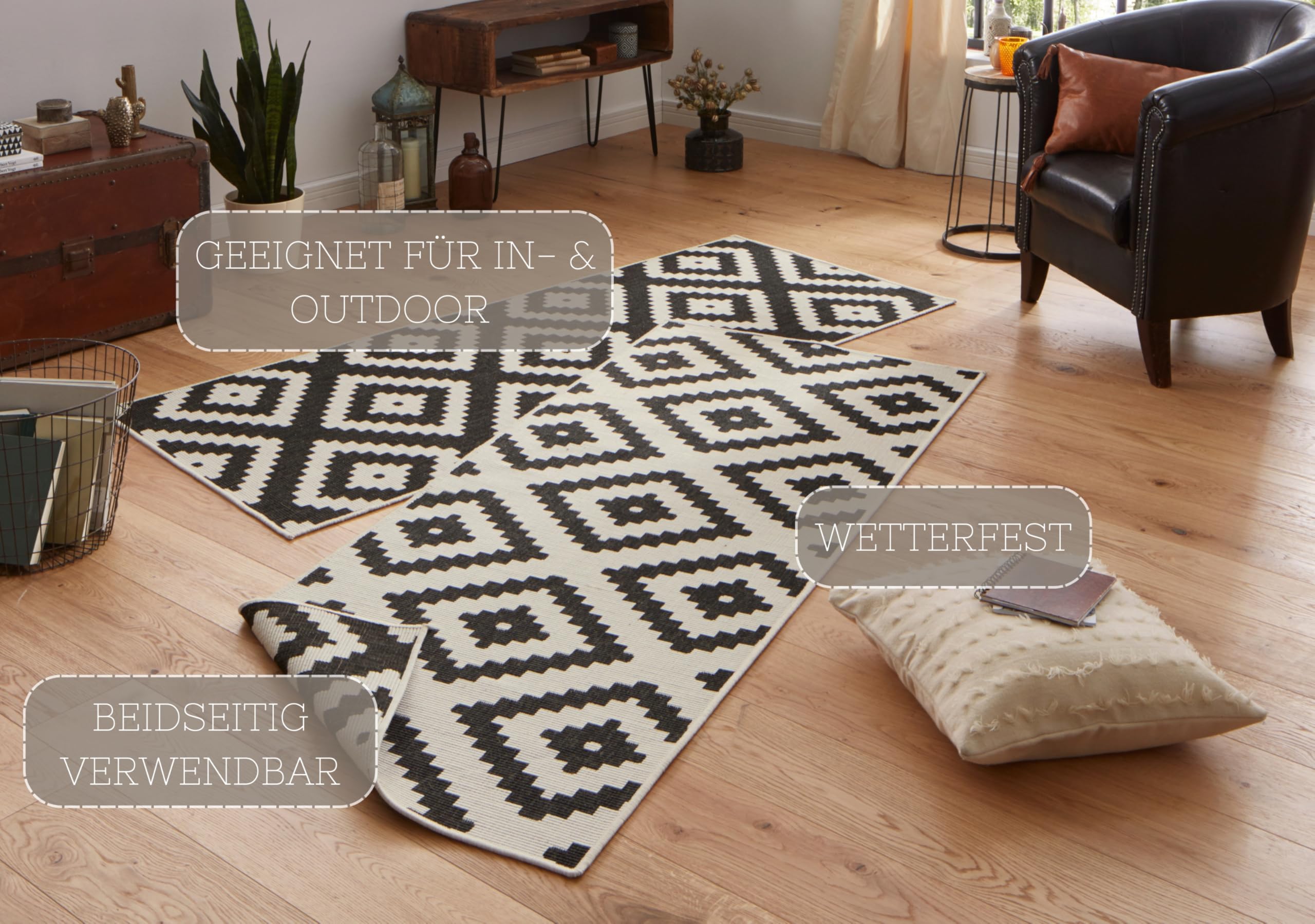 NORTHRUGS Tappeto reversibile Malta, resistente alle intemperie, moderno motivo geometrico, per balcone, terrazza, giardino d'inverno, soggiorno, impermeabile, in polipropilene, nero, crema, 80 x 250