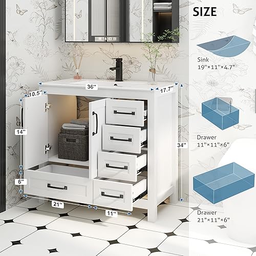 Miniatura 9 de eclife Juego combinado de tocadores de baño de 24 pulgadas con lavabo, fregadero de cerámica empotrado con madera gruesa, grifo negro mate,