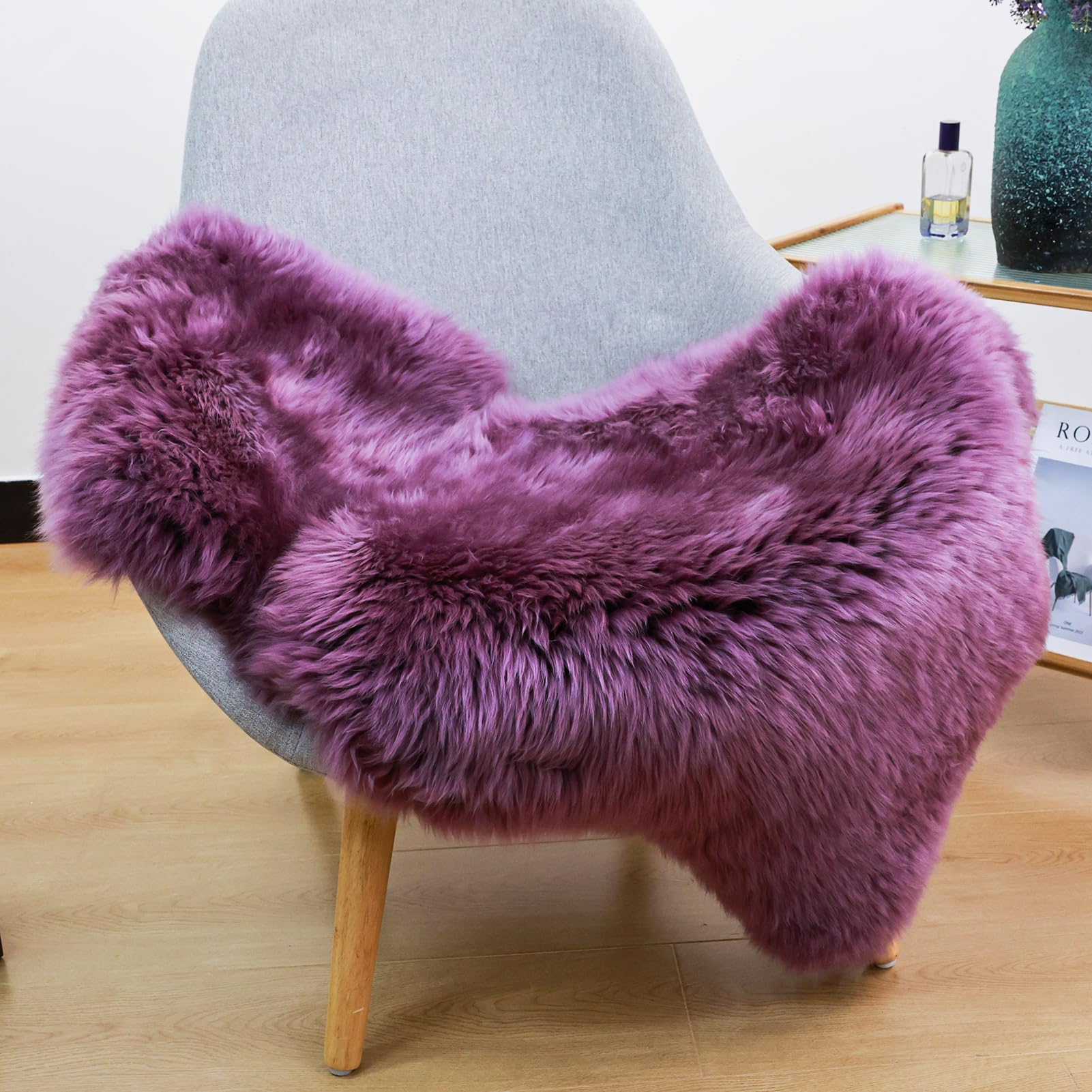 Fluffy Genuine Sheepskin Rug, Fuzzy Shaggy Fur Area Rug for Bedroom Living Room Soft Fur Wool Pray Pup Cushion Mat Carpet, Chair Sofa Seat Cover(Pansy