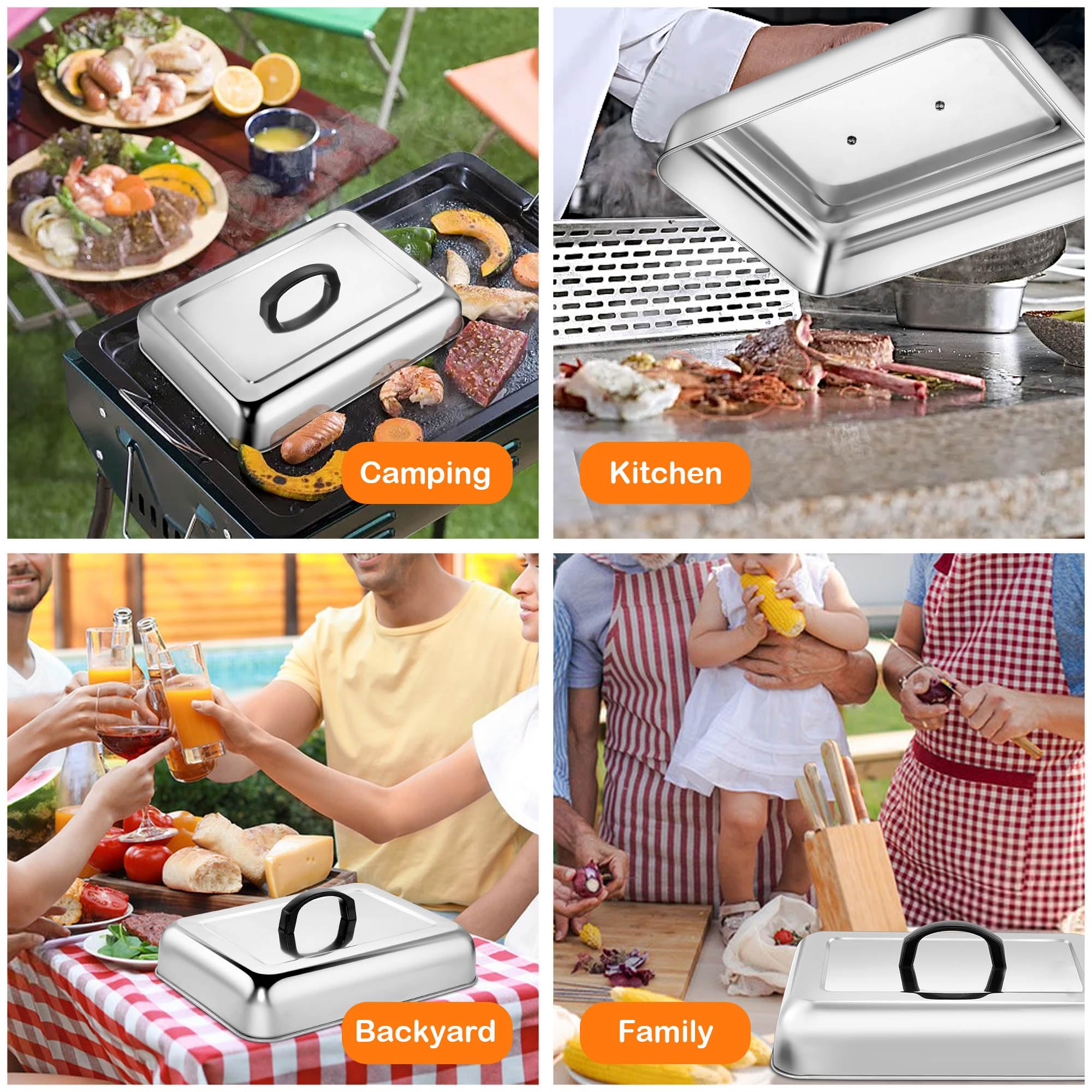 Joyfair Set di 2 coperchi rettangolari in acciaio INOX per badigeonare il vapore con manico resistente al calore, coperchio per hamburger per barbecue Teppanyaki a tetto piatto, cottura