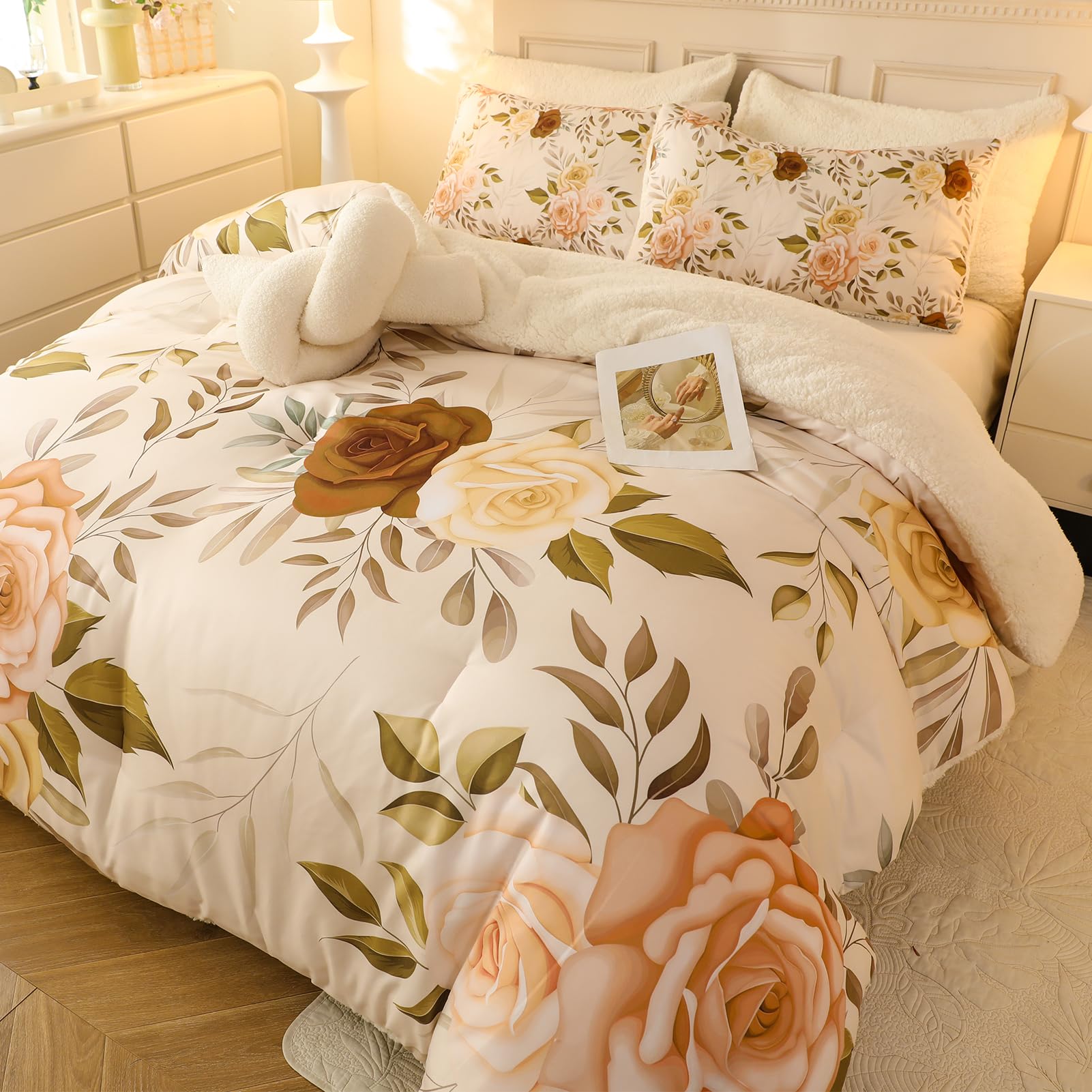 LEPMAN Floral Print Sherpa Comforter Set - Twin Size 2 Pieces Elegant Flowers Botanical Bedding Set Warm Cozy Beige 1 Quilt with 1 Pillowcase, 68x90