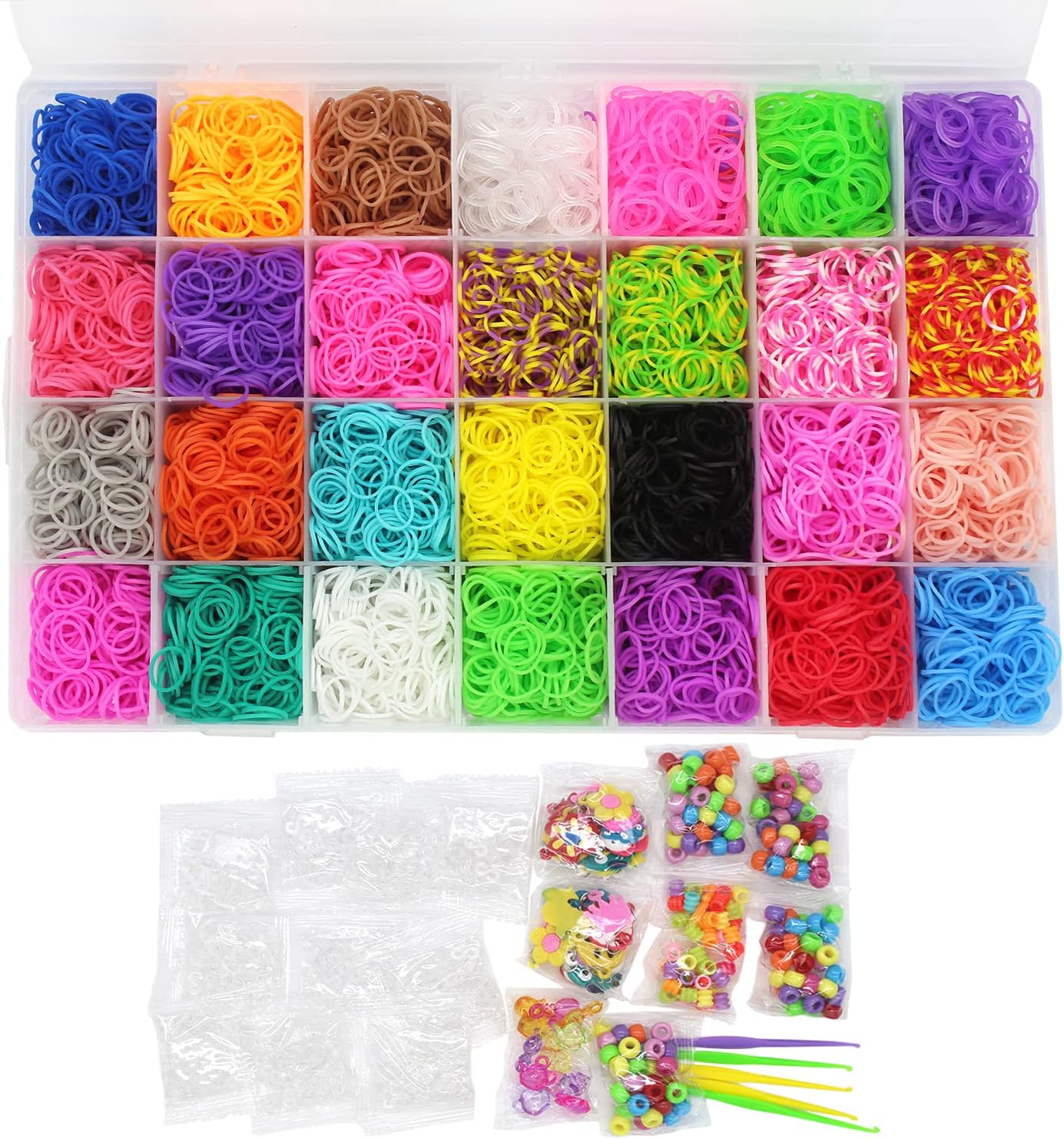 Salome Idea Rubber Bands 10,000pcs Loom Bands Barcelet Making Kit, 500pcs S-Clips,175pcs Colorful Beads, 24pcs Small Pendants in 1 Transparent Box (Color Set-A)