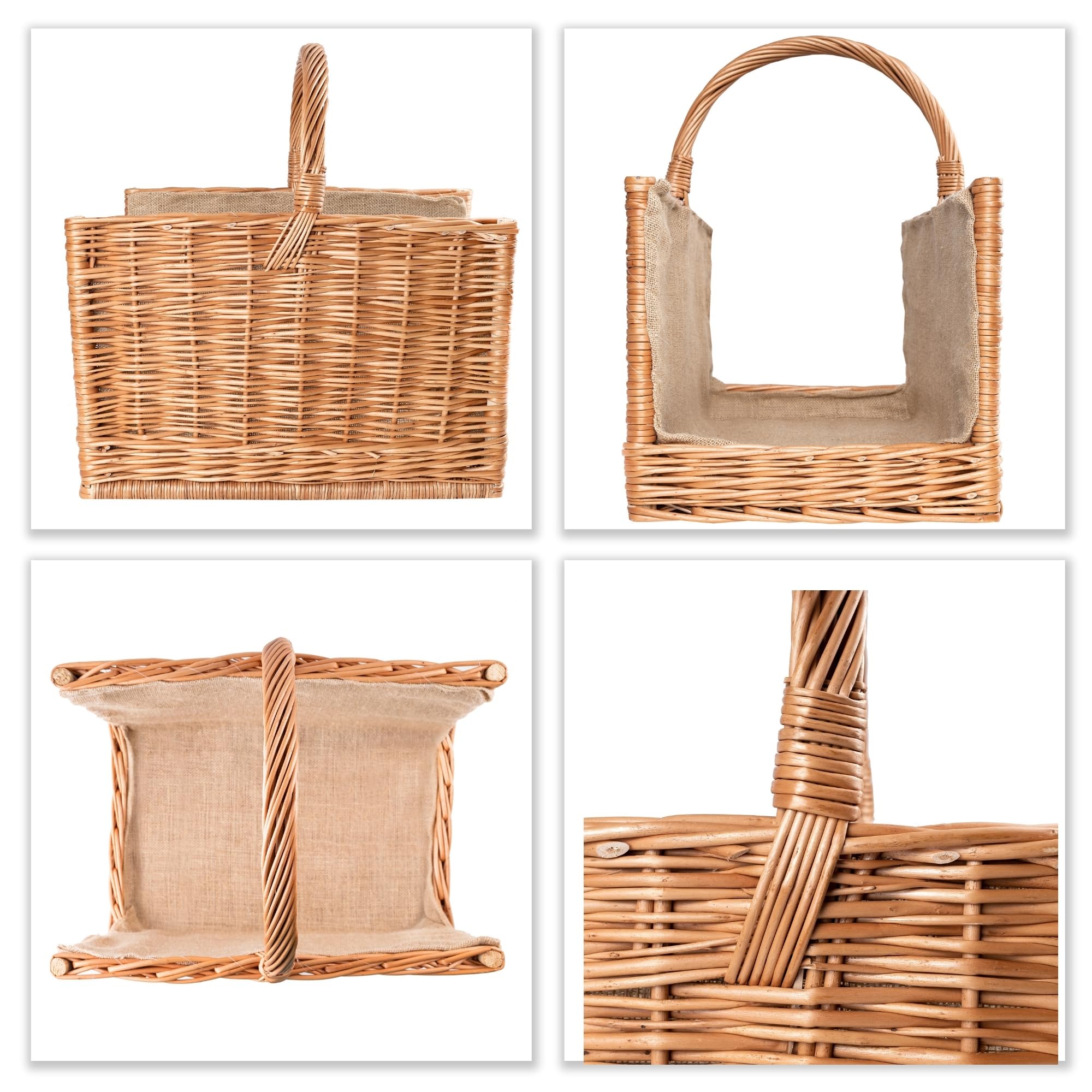 Creative Home Cesta de Mimbre para Almacenar Leña con Asa 50x34x50cm | Tela de Yute | Rectangular Grande | Tejida a Mano Duradera Interior | Sauce Grueso Marrón Natural | Multiuso