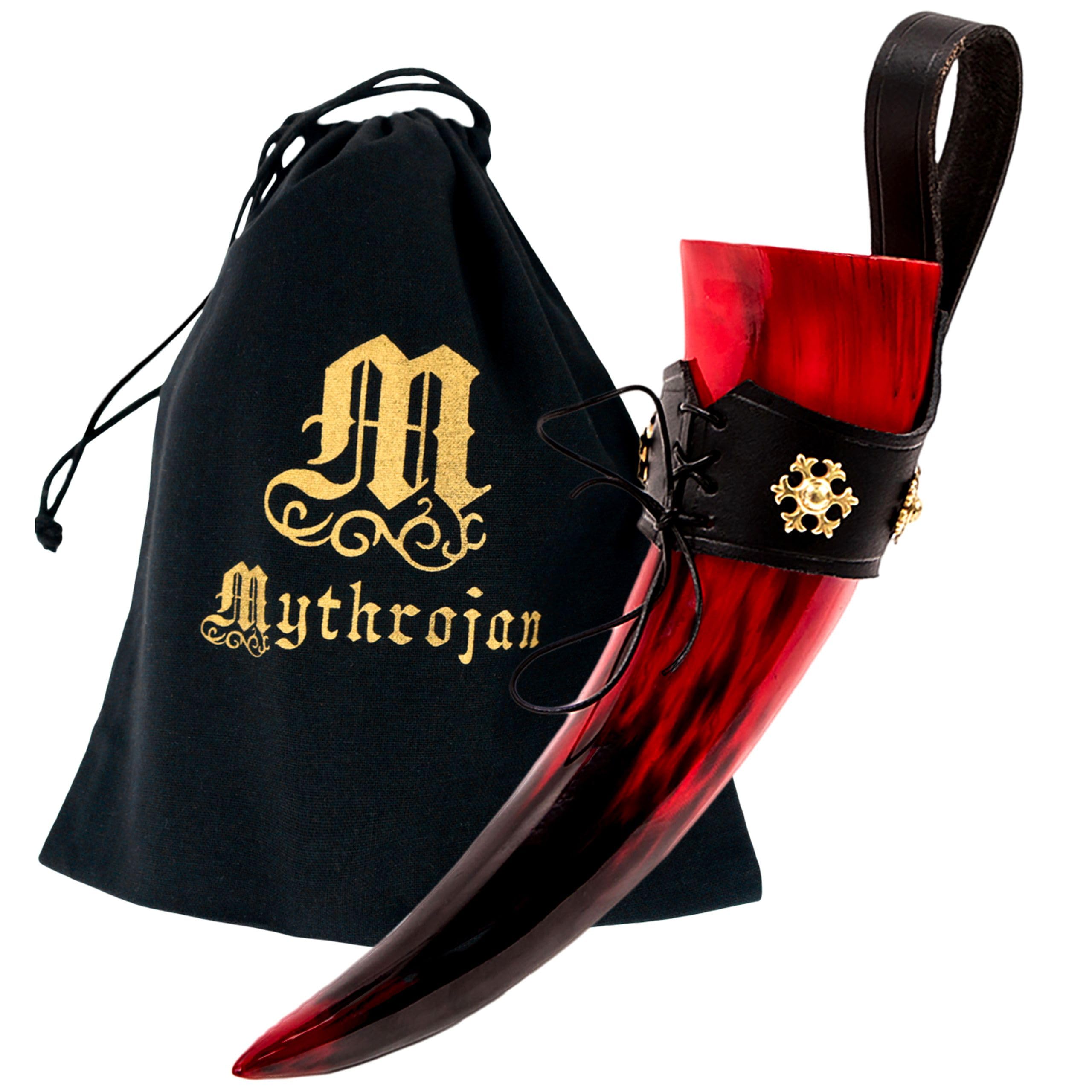 Mythrojan THE RED WITCH Viking Drinking Horn with Black Leather holder Authentic Medieval Inspired Viking Wine/Mead Mug – Polished Finish