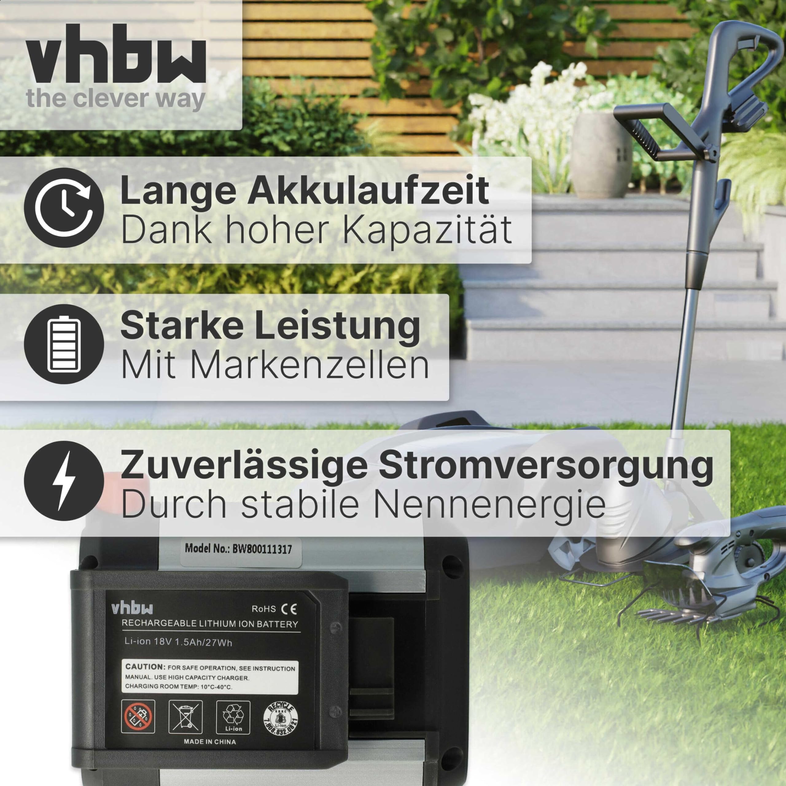 vhbw akumulator pasujący do kosiarki akumulatorowej Gardena PowerMax Li-18/32 i Allround dmuchawy AccuJet Li-18 jak BLi-18 (9840-20, 9839-20) - (Li-Ion, 1500 mAh, 18 V)