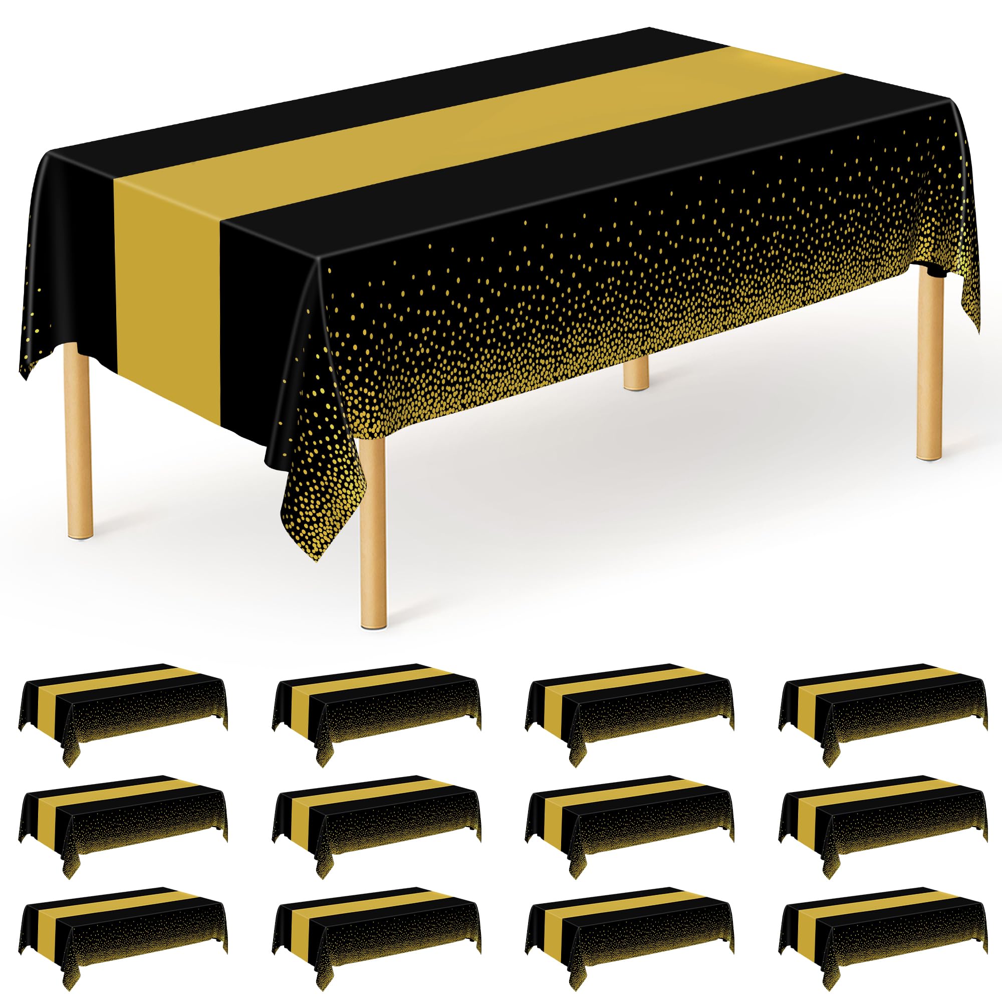 QZYL 12Pack Plastic Table Cloth Disposable, 54 x 108 Waterproof Black Table Cloths with Gold Dots, Outdoor Tablecloth for Rectangle, Table Cloth Cover for New Years Eve Decorations Holiday Birthday