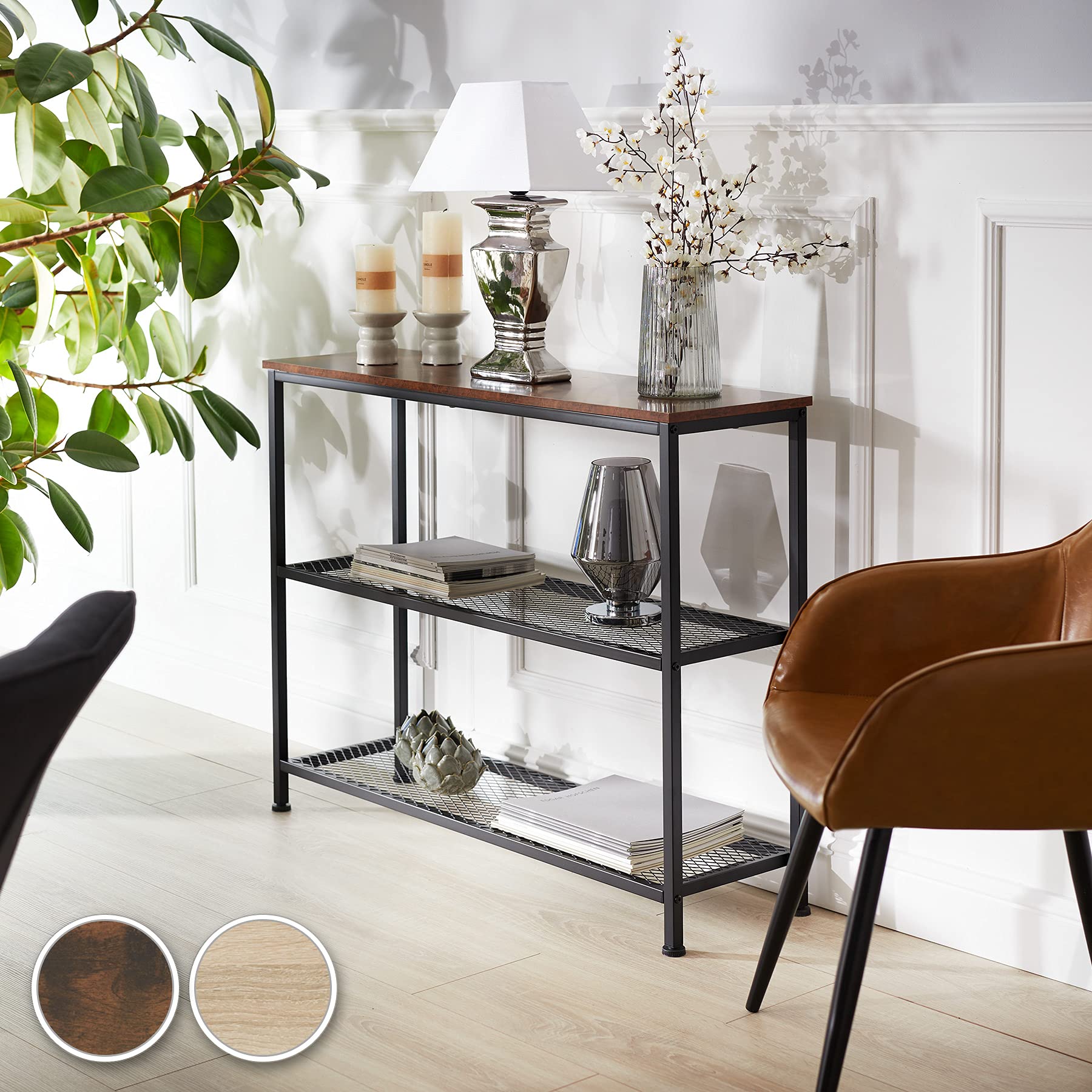 tectake® Industrial Konsolentisch schmal, Bartisch Konsole, Kommode mit 2 Ablagen, Beistelltisch für Wohnzimmer Flur, Sideboard, Regal oder Blumenbank - Industrial Holz hell, Eiche Sonoma