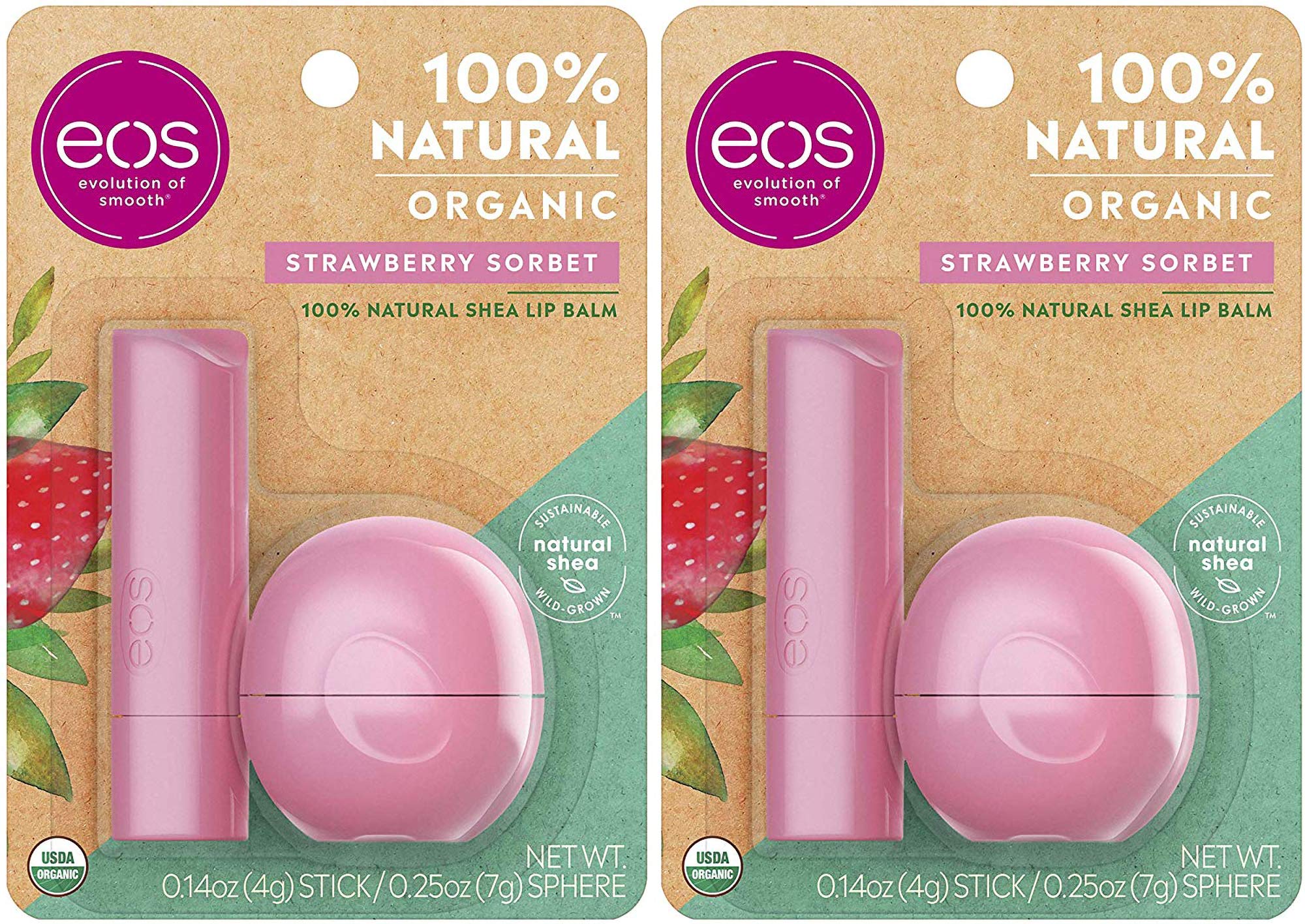 eos USDA Organic Lip Balm - Strawberry Sorbet | Lip Care to Nourish Dry Lips | 100% Natural and Gluten Free | Long Lasting Hydration | 0.25 oz. Sphere | 0.14 oz. Stick (Pack of 2)