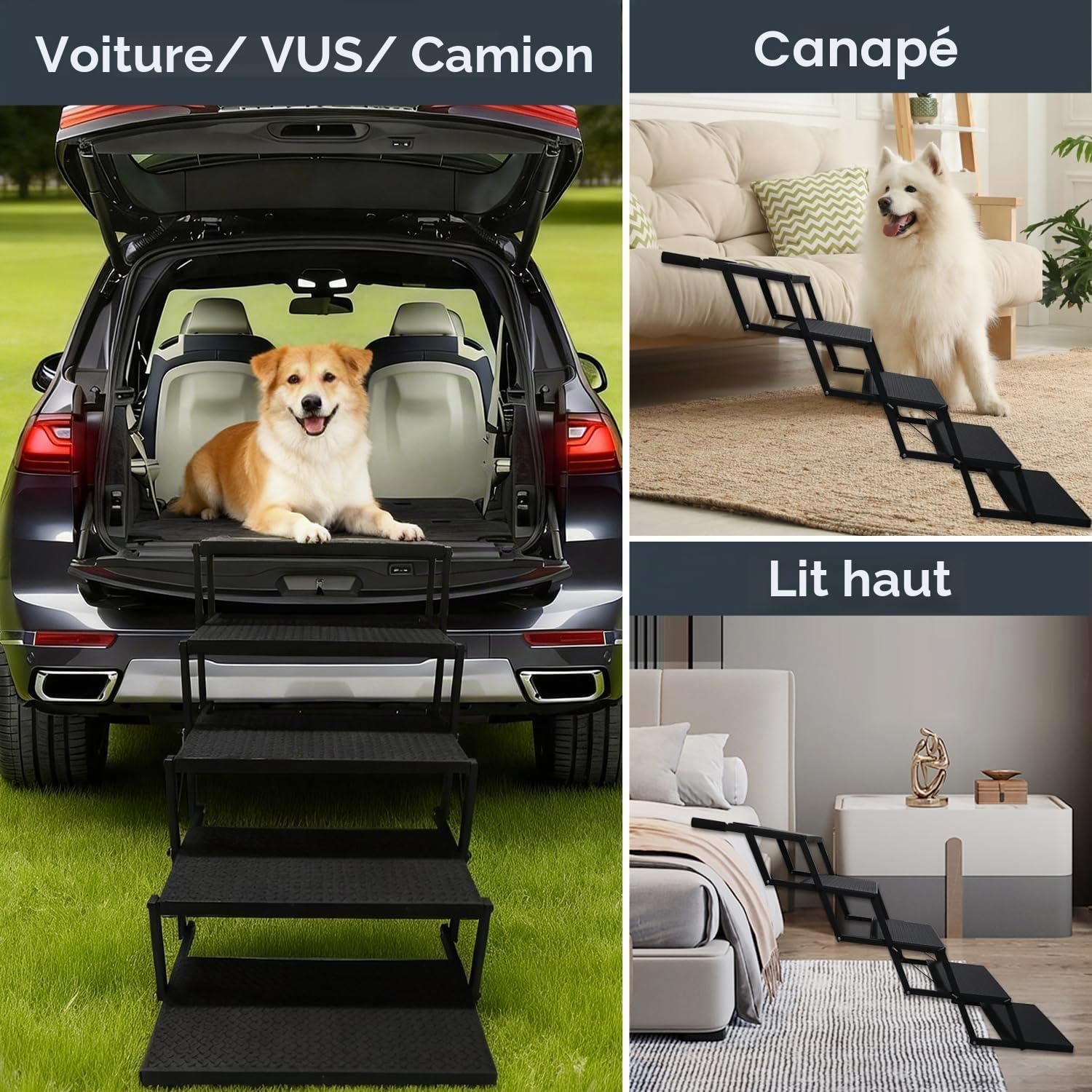 Niubya Escalier Pliable 6 marches pour Voitures, SUV, camions, canapés et Lits – Ultra-léger et antidérapant, jusqu'à 90 kg