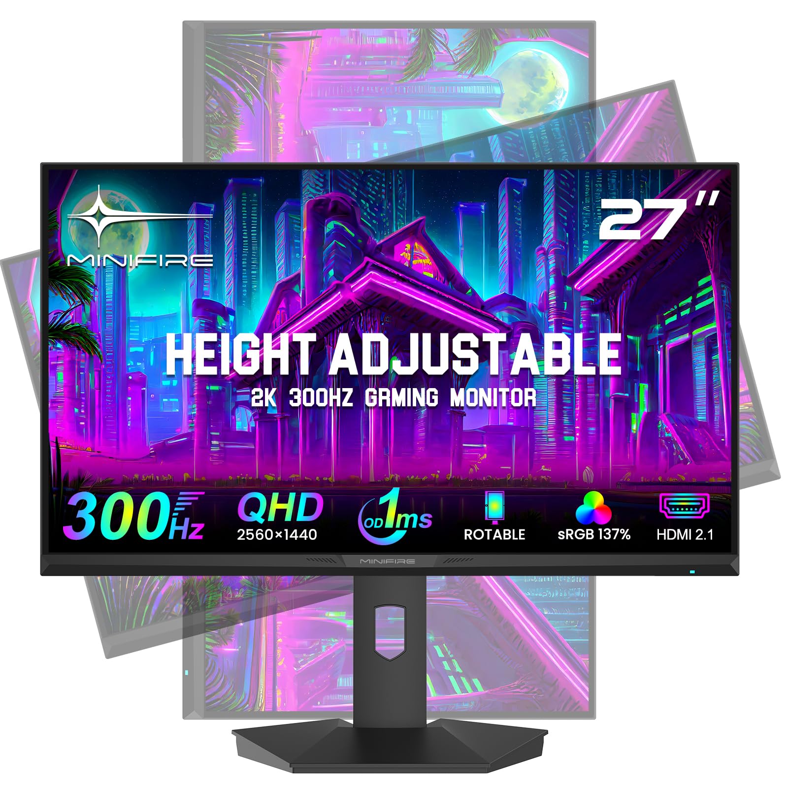 Minifire Gaming Monitor 27 Zoll,300Hz, 2K QHD (2560x1440), volles HDMI 2.1(300Hz Support), Fast-IPS, 1ms(OD), HDR400, 10BIT,höhenverstellbar, VESA 100x100, DP 1.4, Profi E-Sports Screen