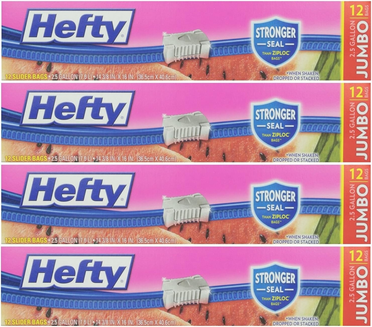 Hefty Slider 2.5 Gallon Jumbo Storage Bags, 12 Count Boxes (Pack of 4)