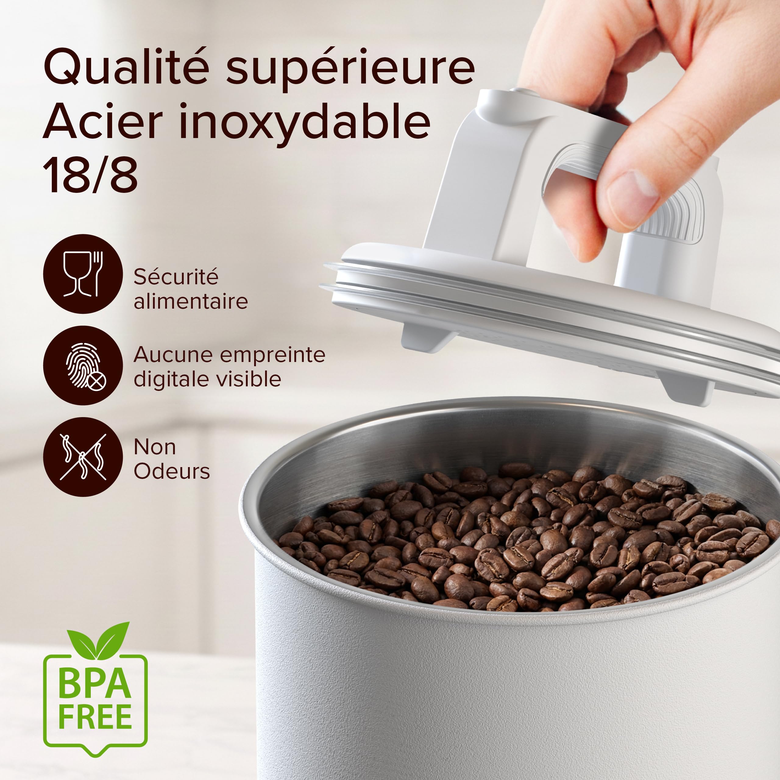 KC Kitchen & Co. Boîte à café hermétique pour 1 kg de grains de café - Boîte de conservation en acier inoxydable avec couvercle sous vide et fermeture aromatique - Boîte de rangement pour café, thé
