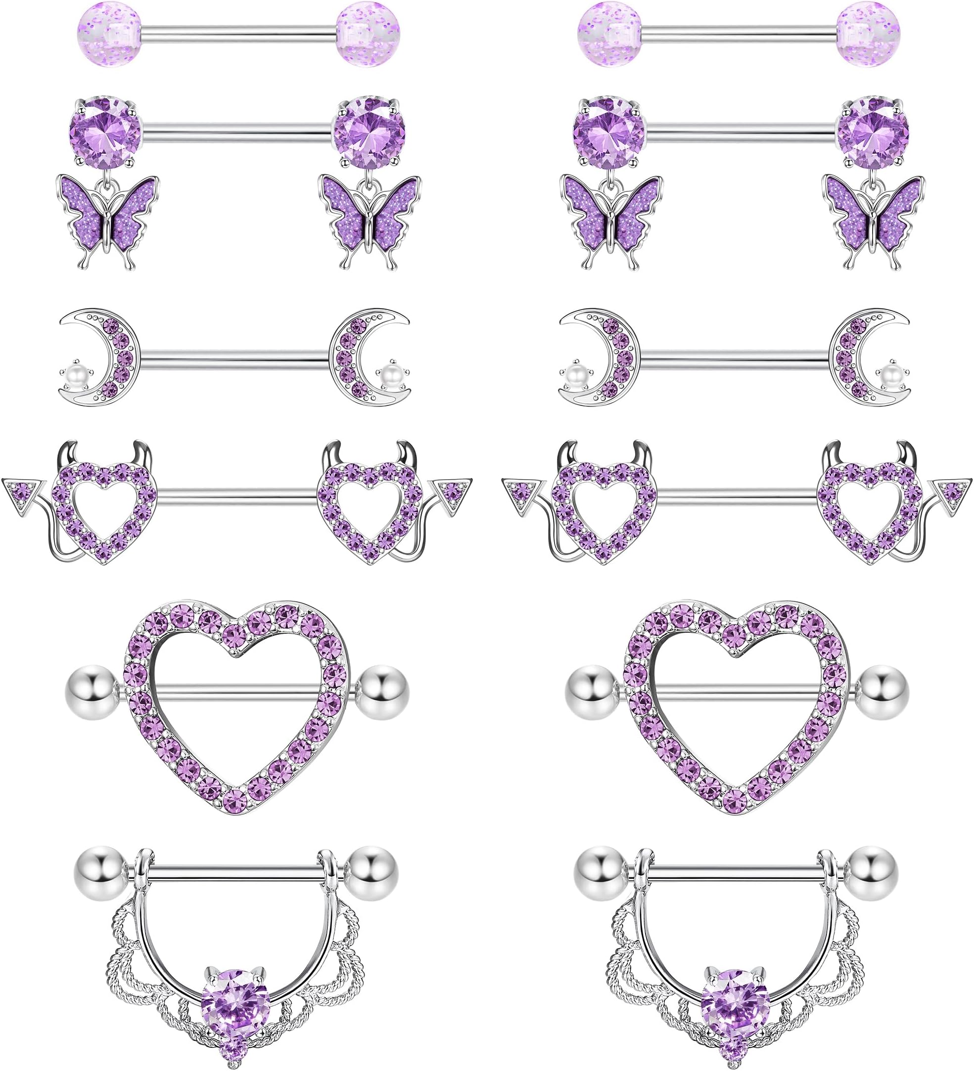 6 Pairs Nipple Bars for Women 316L Surgical Steel Nipple Piercing Jewellery Barbell Piercings Tongue Bars Rings Heart Body Piercing Jewellery