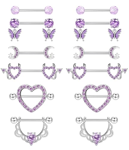 CASSIECA 6 Pairs 14G Nipple Bars Nipple Bar for Women 316L Surgical Steel Nipple Jewellery Piercing Nipple Piercing Kit Tongue Bar Tongue Ring Heart Butterfly Dangly Barbells Body Piercing - Purple Tone