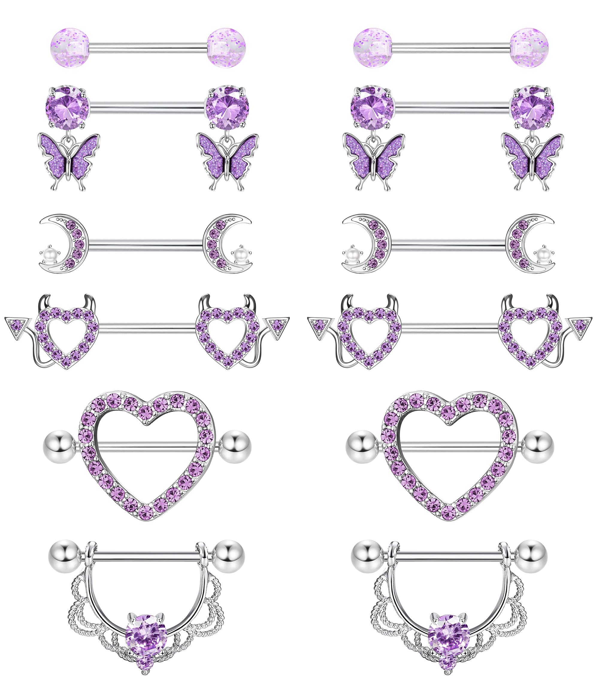 CASSIECA6 Pairs Nipple Bars for Women 316L Surgical Steel Nipple Piercing Jewellery Barbell Piercings Tongue Bars Rings Heart Body Piercing JewelleryCarbonfree Certified