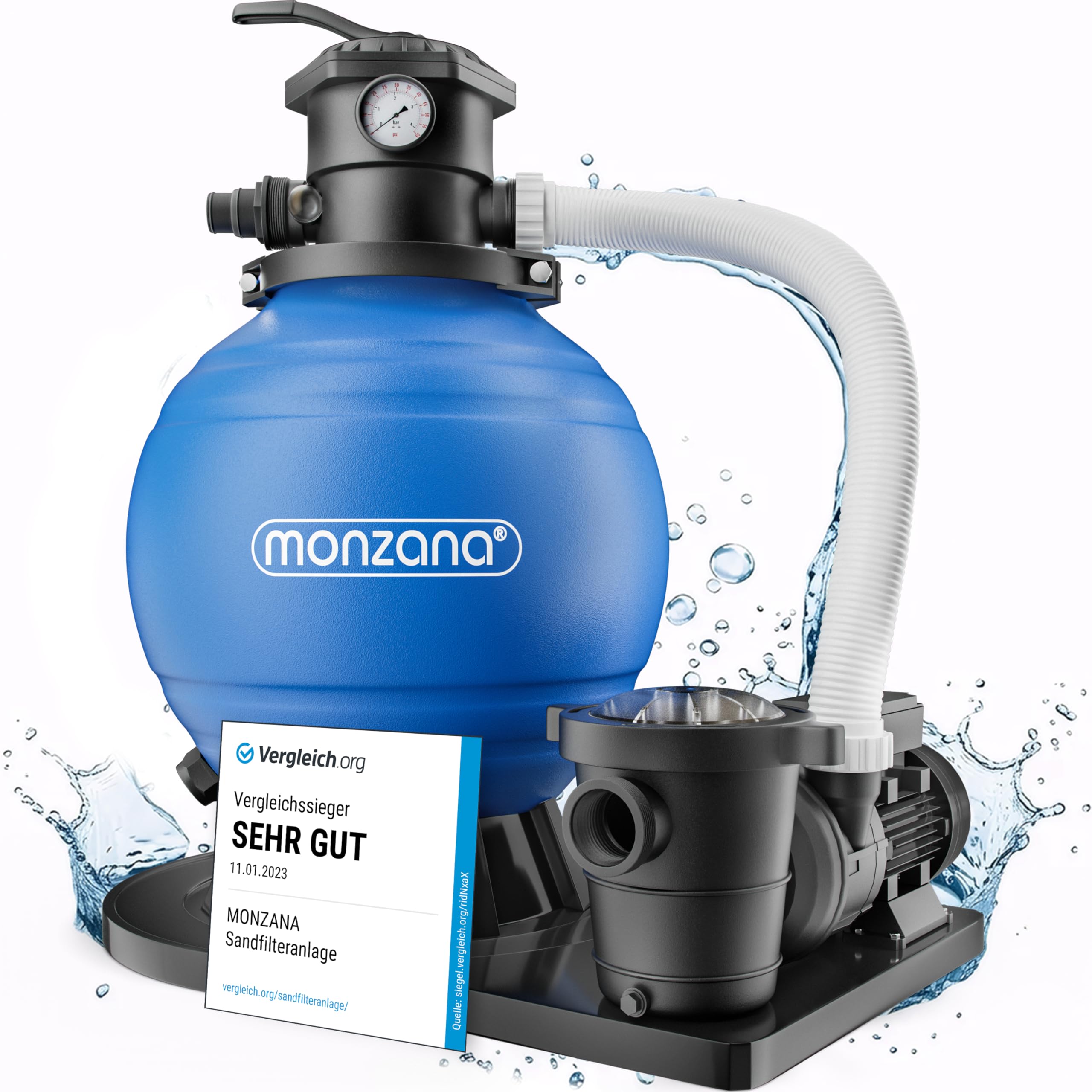 MONZANA® Pompe filtre à sable 15,9 m³ auto-amorçante pour piscines jusqu'à 70 m³ certifié TÜV vanne 7 voies raccord 2en1 Ø32-38mm système de filtration à sable