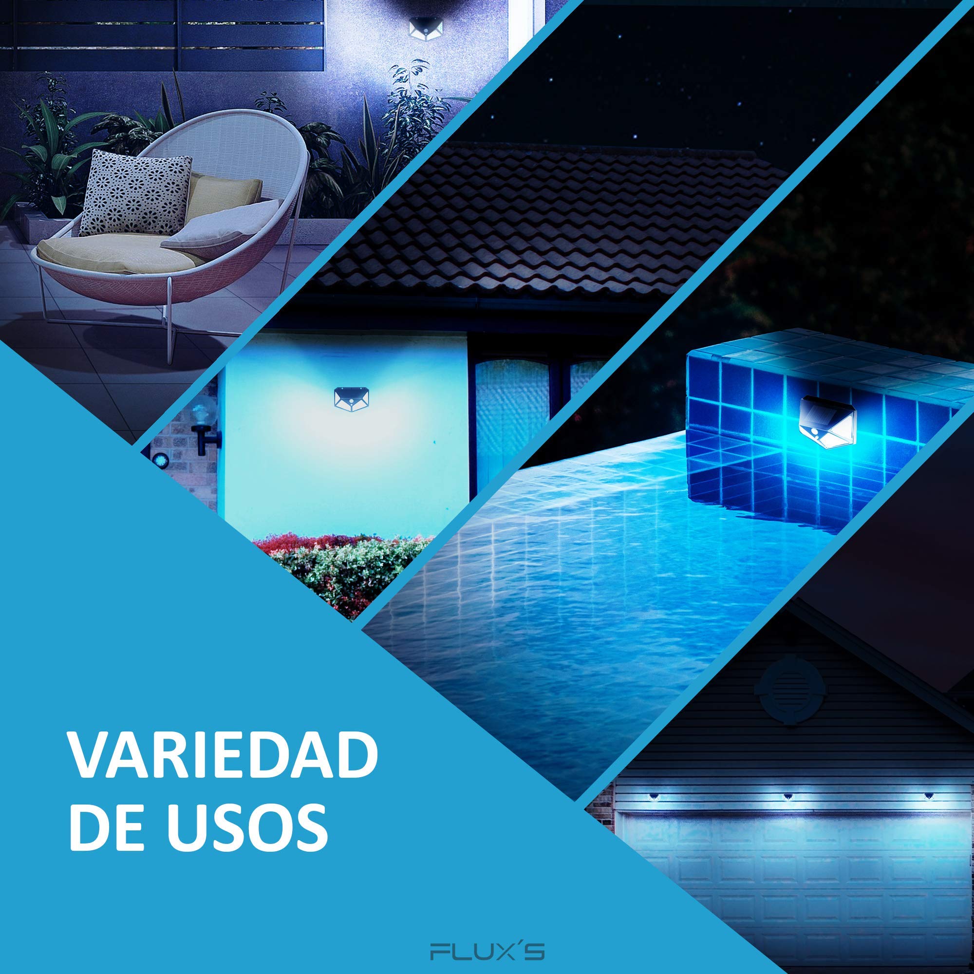 Luz Solar Exterior LED, FLUX'S, Foco Solar Exterior con Sensor de Movimiento, Impermeable e Inalámbrico, 3 Modos de Iluminación, Ángulo 270°, Para Jardín o Garaje - Pack de 2 uds