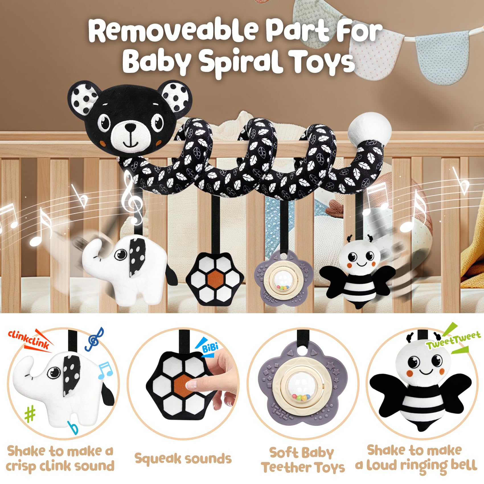 TSYAN Car Seat Toys for Babies 0-6 Months,Hanging Rattle Toys for Crib Mobile, Baby Spiral Hanging Stroller Black and White High Contrast Toys for Newborn 0 3 6 9 12 Months Baby Boys Girls (Bear)