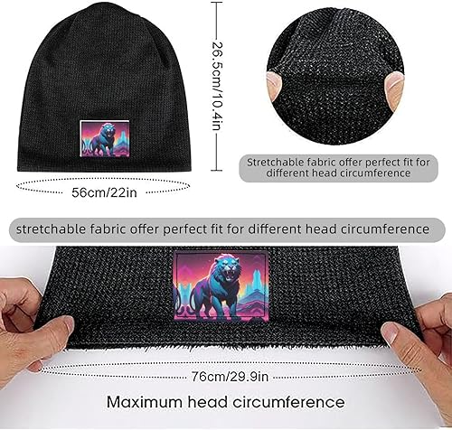 Miniatura 7 de Synthwave Sabertooth Patterned Black Fleece-Lined Warm Men's and Women's Hood, Winter Outdoor Sports Ski Cap