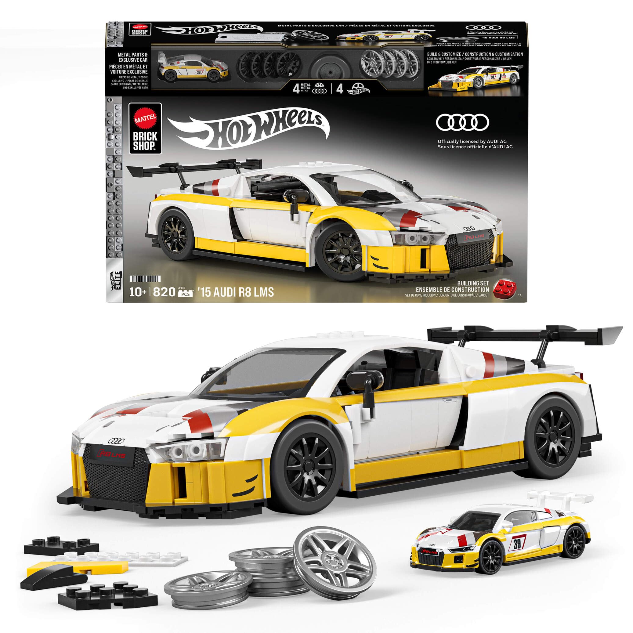 Mattel Brick Shop Hot Wheels Elite Series Building Set, ’15 Audi R8 LMS with 820 Pieces, Realistic Details and Custom Decals, Adult Collectors and Kids Ages 10+, JFT18