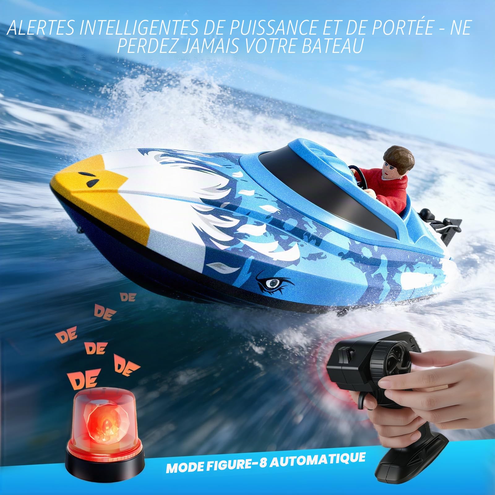 Bateau Télécommandé RC 25 km/h - Télécommande 2,4 GHz avec Portée 120m - Bateau Rapide Étanche avec LED & Fonction Flip - 2 Batteries & Refroidissement Eau pour Piscine Lac Adultes Enfants, Bleu