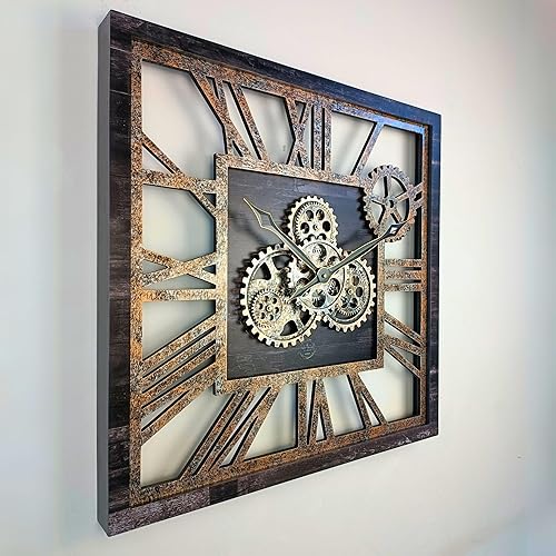 Miniatura 4 de The Gears Clock - Reloj de pared cuadrado con engranaje móvil real de 24 pulgadas, estilo vintage, industrial, de gran tamaño, casa de campo rústica