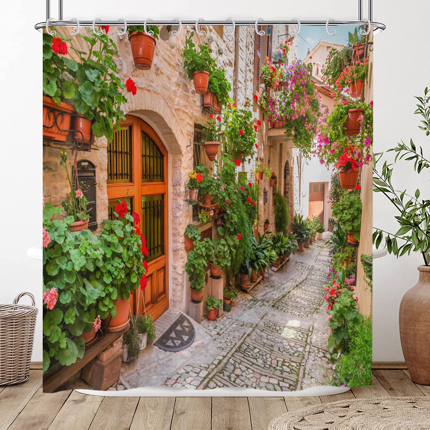 Hnmdmyi 3D Shower Curtain 90x180, Garden Floral Scenery Street Alley Picture Shower Curtains Italy Outdoor Flowers View Bathroom Curtains Waterproof Polyester Fabric Washable Bath Curtains with Hooks