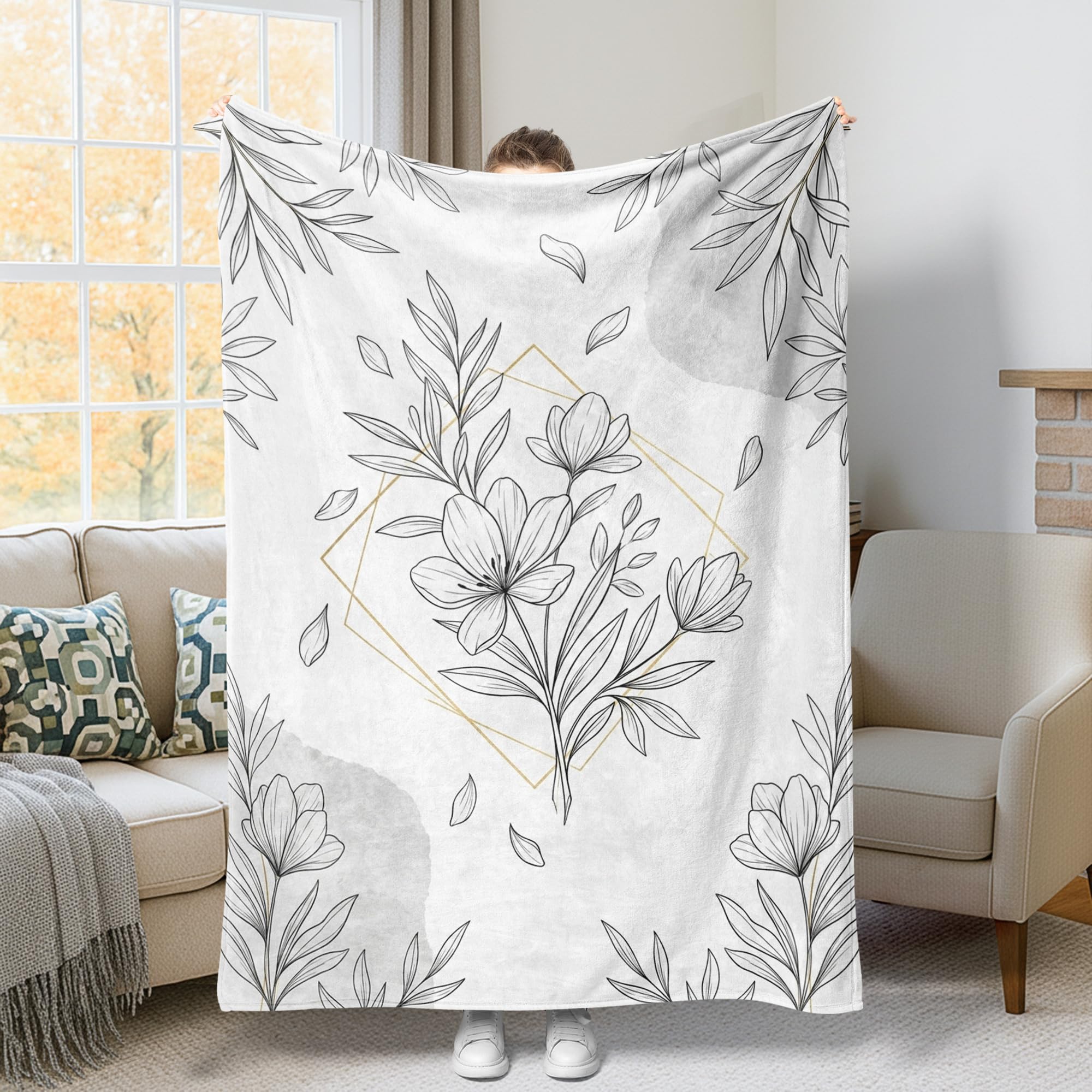 Jeté de lit moderne minimaliste feuilles et losanges 152x203cm