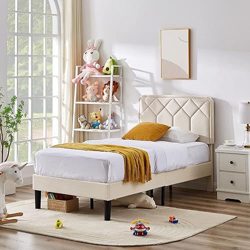 Miniatura 3 de VECELO Base de cama tamaño individual con plataforma tapizada de cuero de alta calidad con cabecera ajustable en altura / base de colchón, soporte