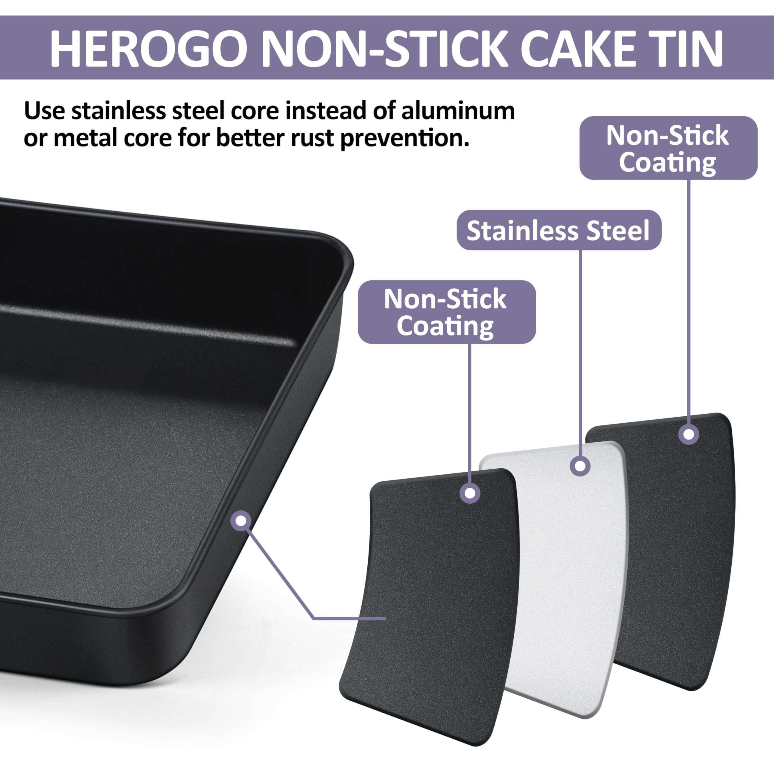 Herogo Molde para hornear de 8 pulgadas, bandeja cuadrada antiadherente para brownie, para hornear, asar, servir, pequeña bandeja de horno de acero inoxidable para bodas, cumpleaños, no tóxica y