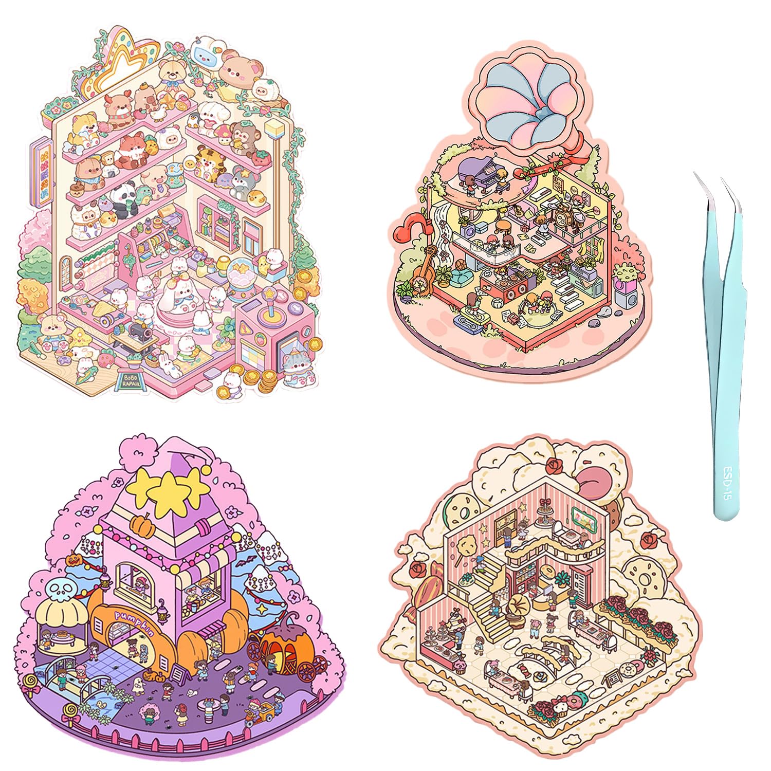 4 Sets of Stickers for Girls Make Your Own Fun 3D House Stickers,3D Sticker Scene Miniature Scene Stickers,Cute 3D Cartoon Scene Stickers for Adults Kids,Fun Room Sticker Book