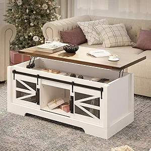 GarveeHome Lift Top Coffee Table, 47.2" Multifunction Coffee Table with Sliding Barn Door, Hidden Storage Compartment, Lifting Table Top and Adjustable Shelf, Farmhouse Rustic Center Dining Table