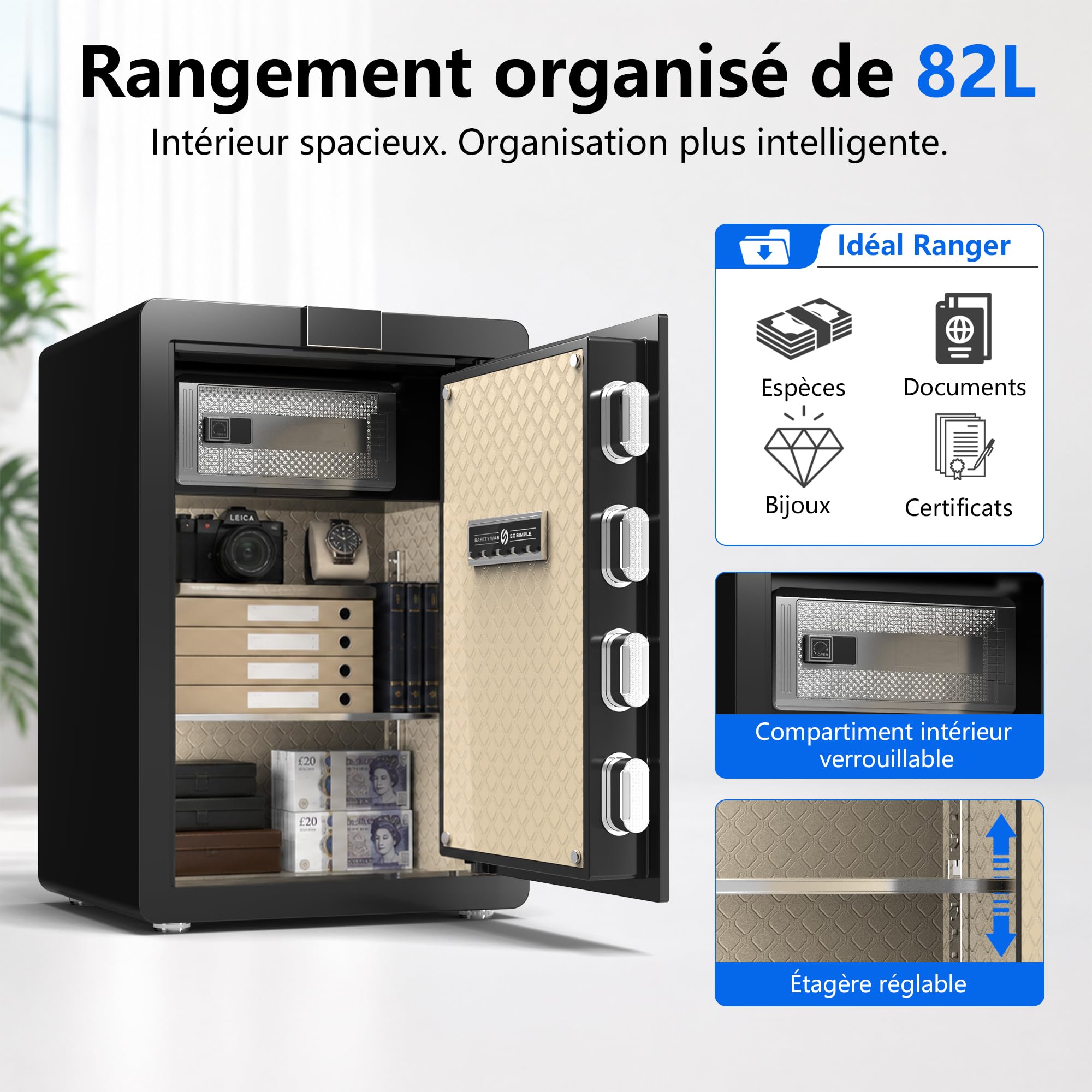 29KG Lourd Coffre Fort en Acier, 82L Coffre-fort Électronique avec Empreinte, Digitale Code et Clé, pour Maison et Bureau, Idéal pour Bijoux, Argent et Documents A4, Notice en Français (Blanc,84L)