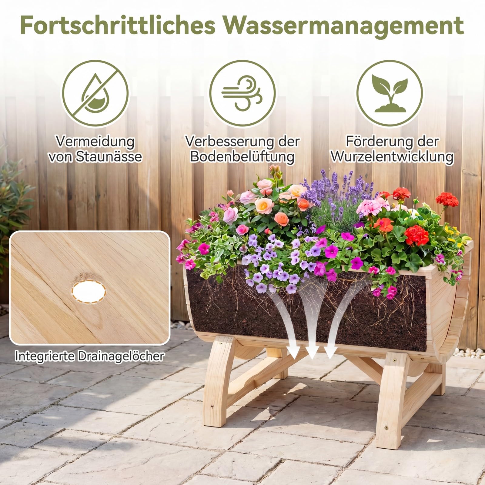 GOPLUS Blumenkasten 2er Set, Hochbeet aus Holz, Pflanzkasten mit Entwässerungsloch & Beinen, halbes Blumenfass für Gemüse, Kräuter, Obst, Outdoor Gartendeko, Blumentopf Blumenbeet für Garten & Balkon