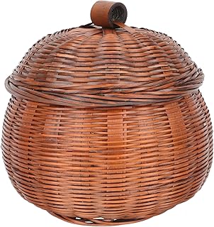 Cabilock Mini Rattan Storage Basket: Pumpkin Shaped Straw Trash Can Small Wicker Basket with Lid Round Woven Seagrass Baskets Woven Wastebasket Candy Bowl for Home Office Chocolate