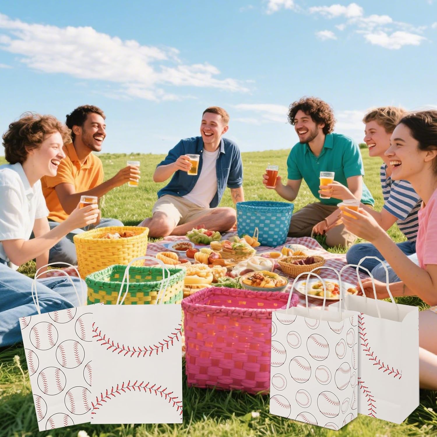 BOXOB 12pcs Baseball Party Favor Bags, 2 Styles Kraft Paper Baseball Gift Bags Sport Themed Snack Goody Decor with Handle Birthday Party Decorations Supplies for Kid Adults - Image 5