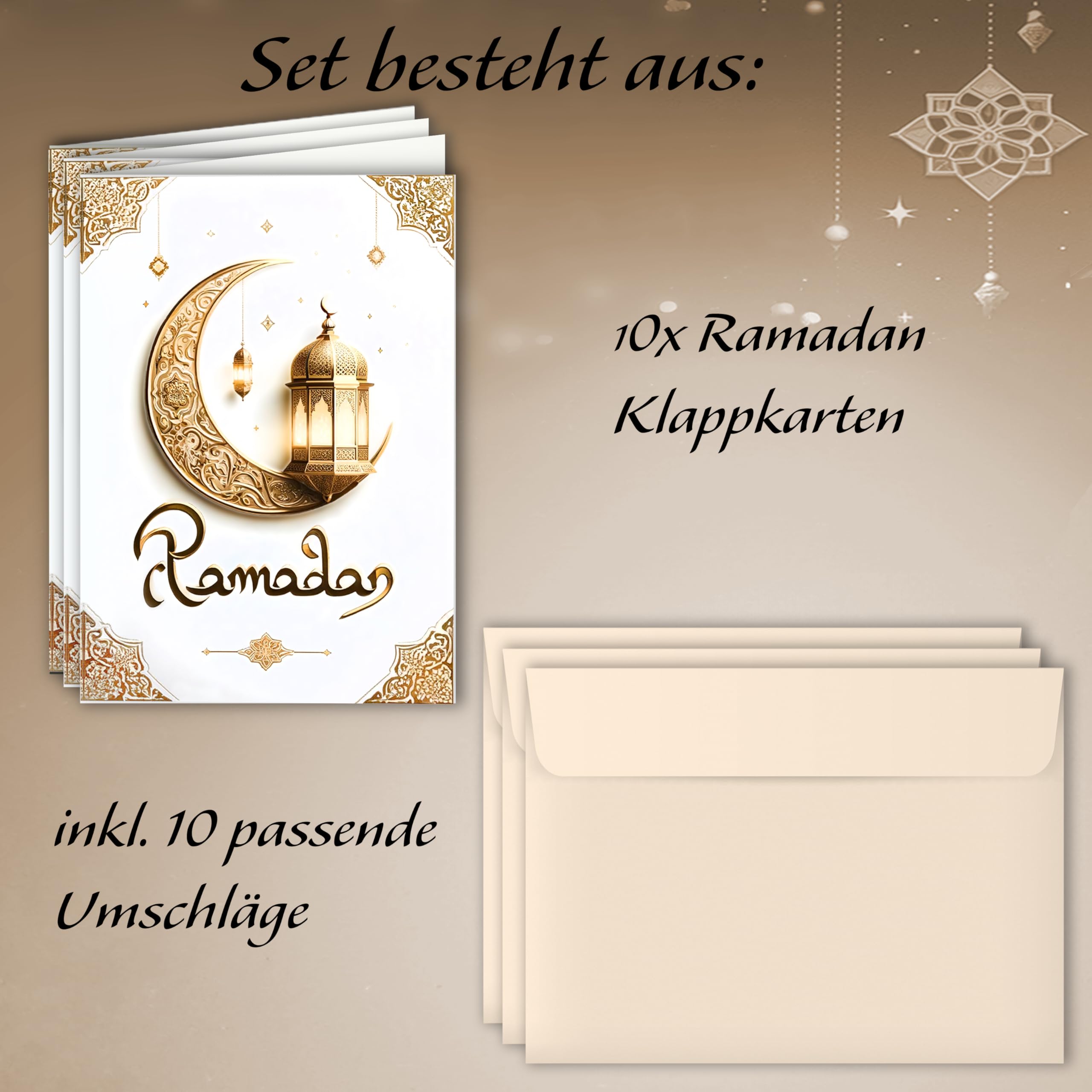 Ramadan Kareem Folding Cards with Envelope Greeting Cards Ramadan Mubarak Eid Mubarak Thank You Cards Sugar Festival Celebration Moon Lantern White Gold Pack of 10 - Image 4