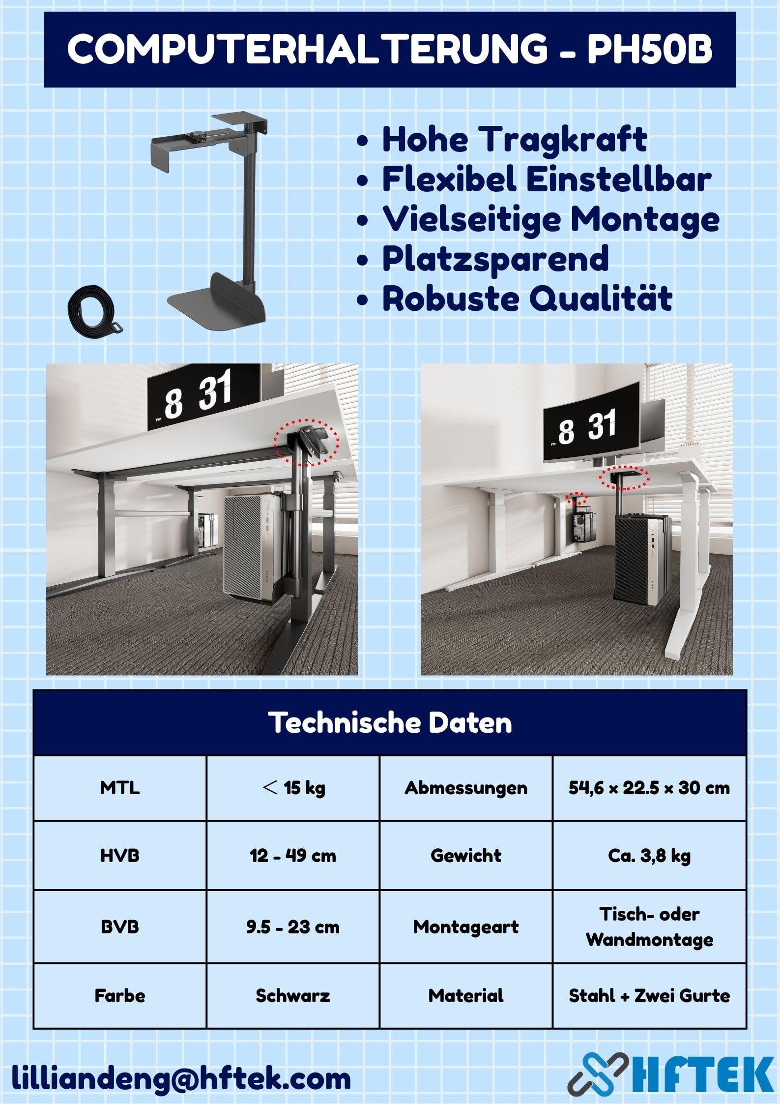 HFTEK PC Halterung Untertisch, CPU Halterung 360° drehbar, höhenverstellbar 12–49 cm, Breite 14–24 cm, Computerhalter für Gaming PC & Tower, bis 15kg - PH50B