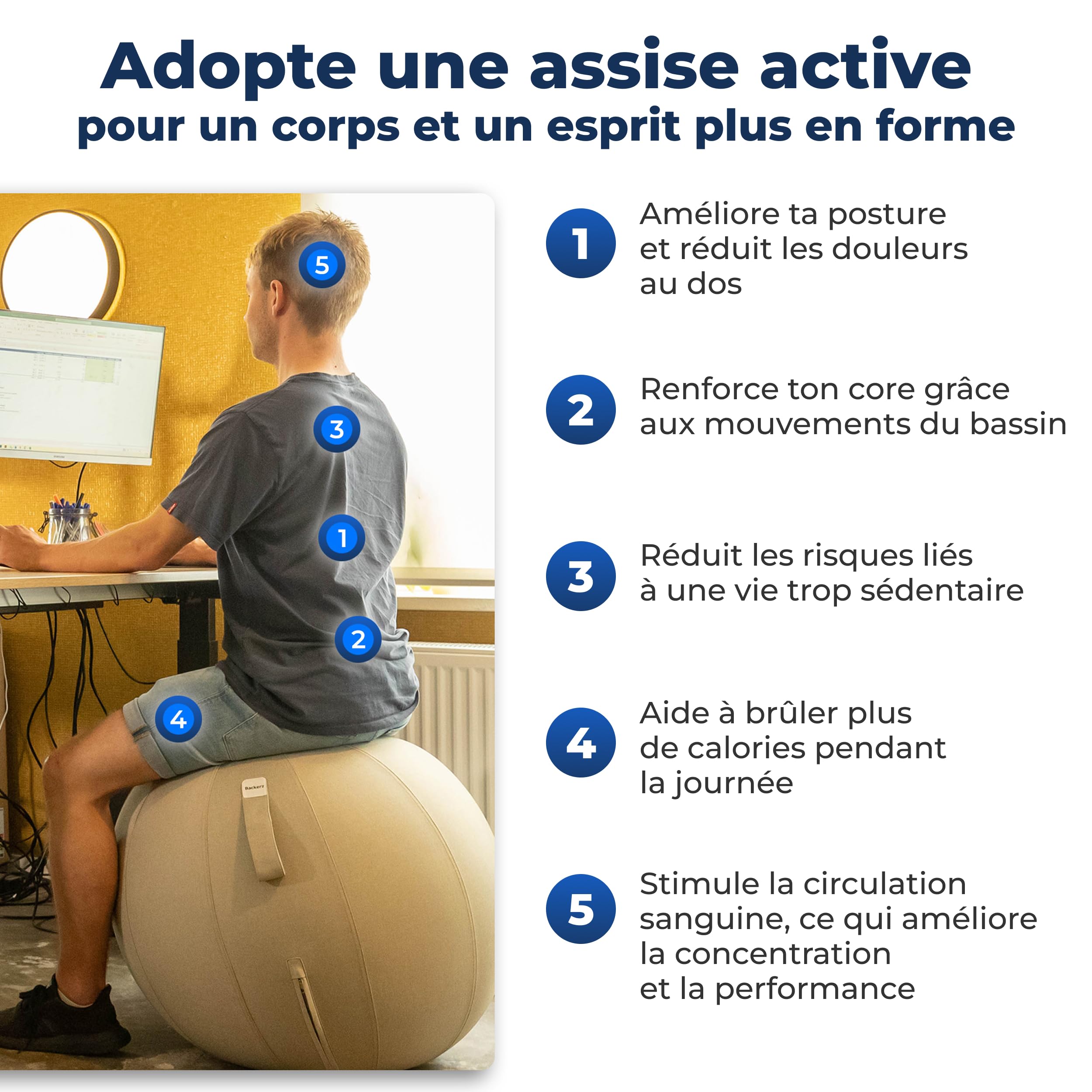 Ballon Ergonomique Bureau 55CM 65CM 75CM Capacité 110kg Housse Lin Lavable Bonne Posture