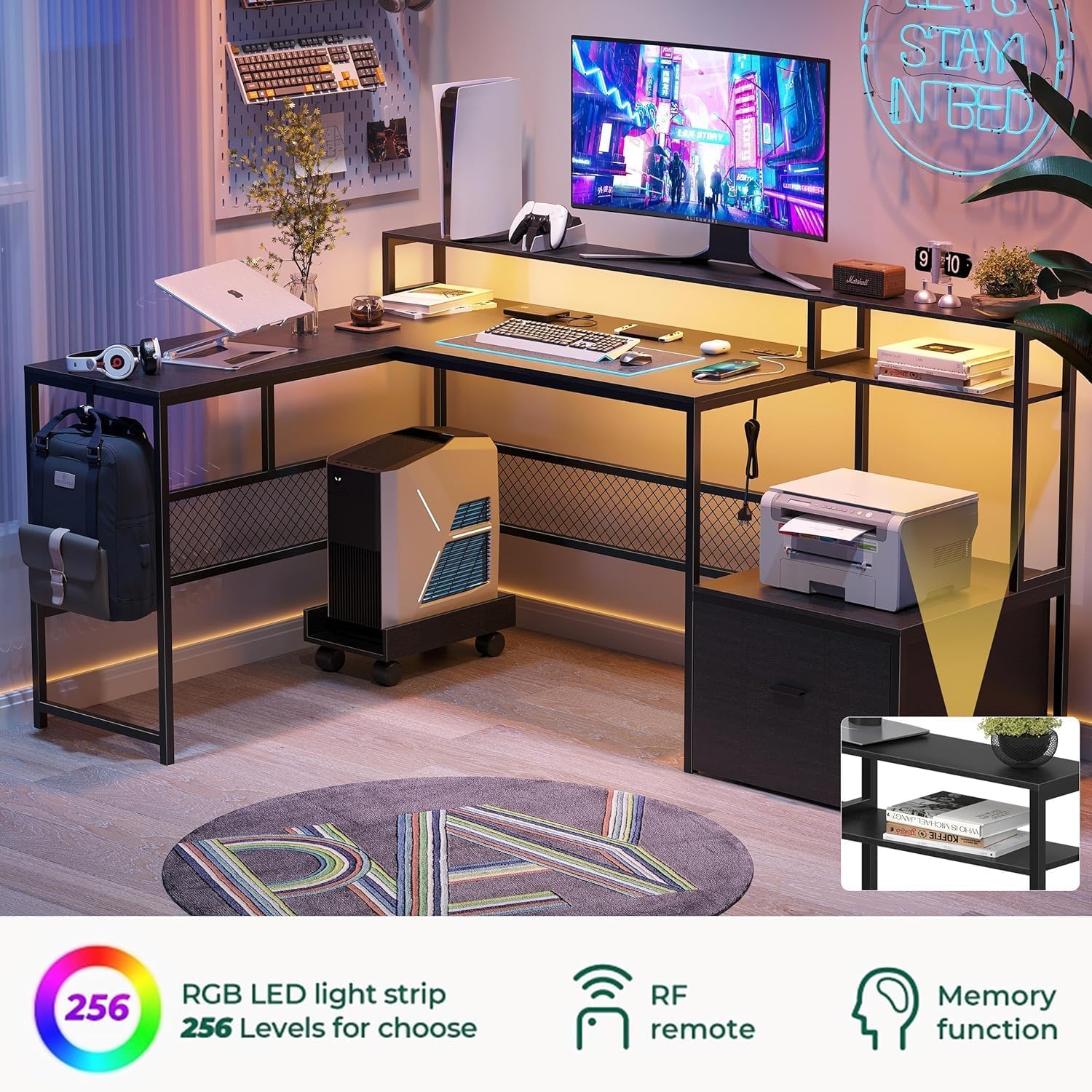 AYEASY L Shaped Desk with LED light strip illuminated
