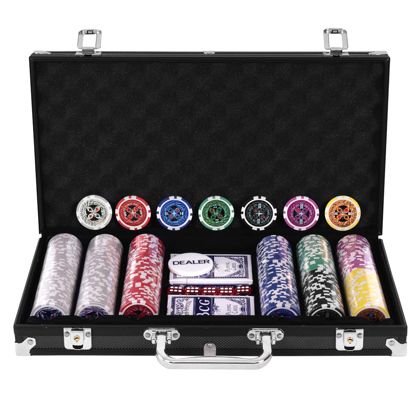 GOPLUS Mallette de Poker avec 300 Jetons, 2 Jeux de Cartes en Plastique, 5 Dés, 1 Bouton Dealer, Etui en Aluminium, Jeu de Casino Professionel Convient à la Famille et aux Amis (Noir)