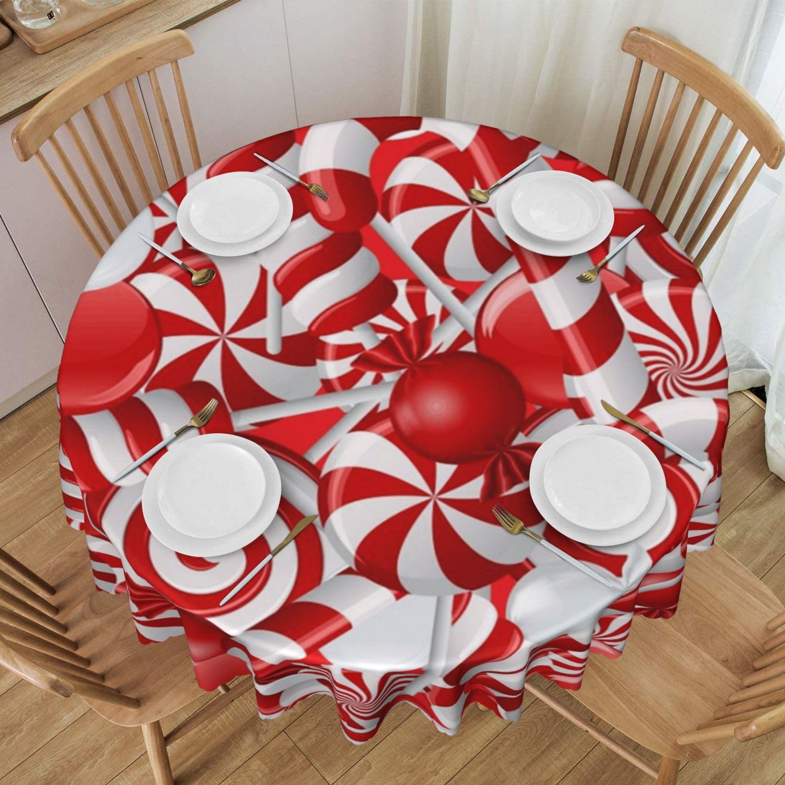 DCEHGEW 60 In Round Tablecloth with Lace, Candy Canes Printed Oilproof & Washable Fabric Picnic Table Cloth Table Covers