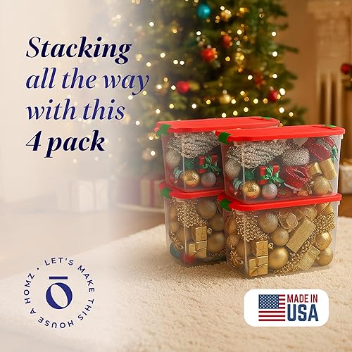 Miniatura 2 de HOMZ Paquete de 4 contenedores de almacenamiento de plástico transparente con tapas y divisores, 112 cuartos de galón, color rojo, contenedores